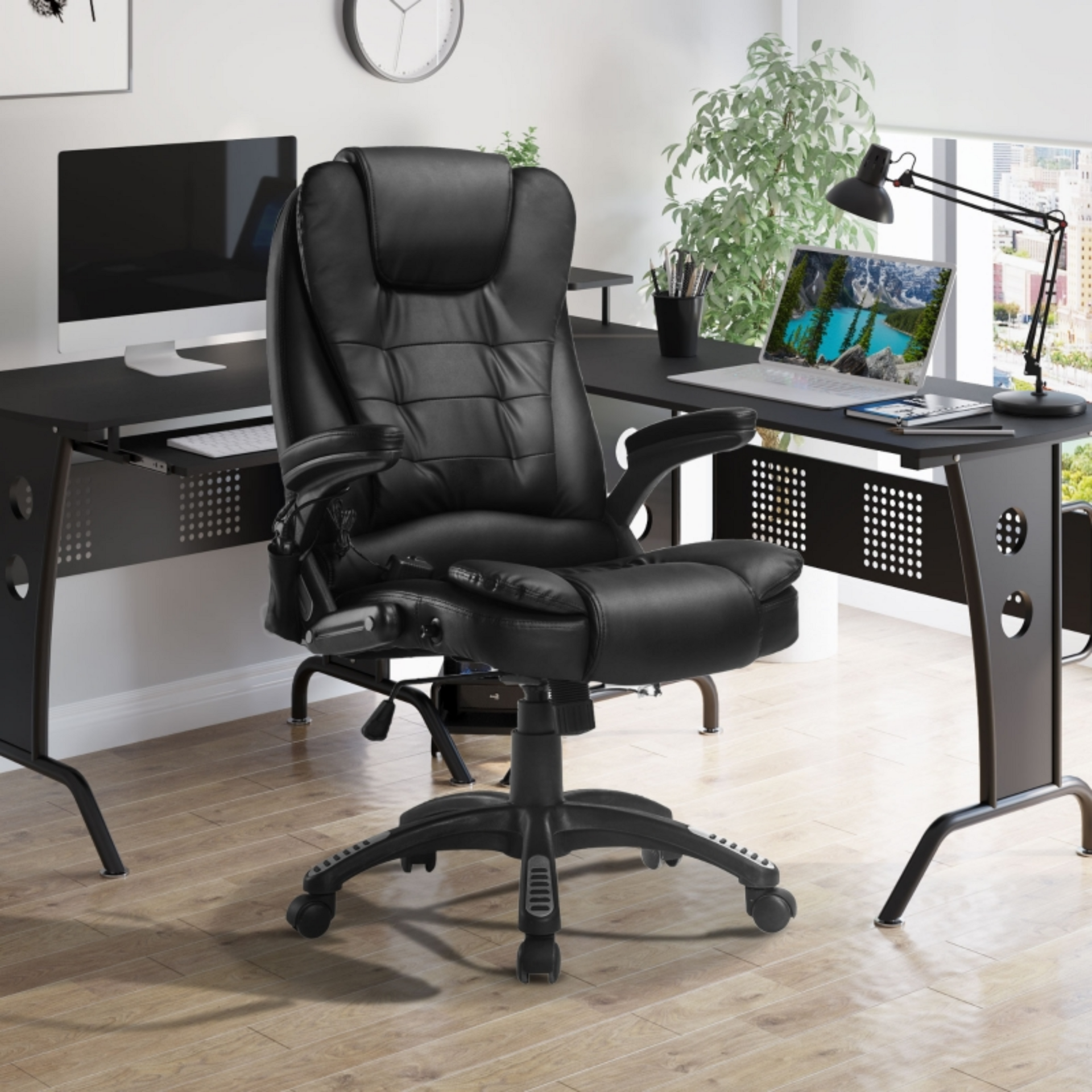 Comfortabele zwarte bureaustoel met verwarming en massage – kunstleer en ergonomisch design