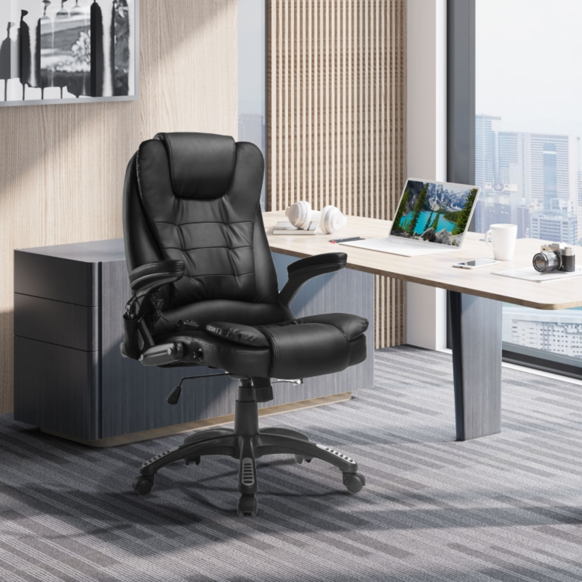 Comfortabele zwarte bureaustoel met verwarming en massage – kunstleer en ergonomisch design