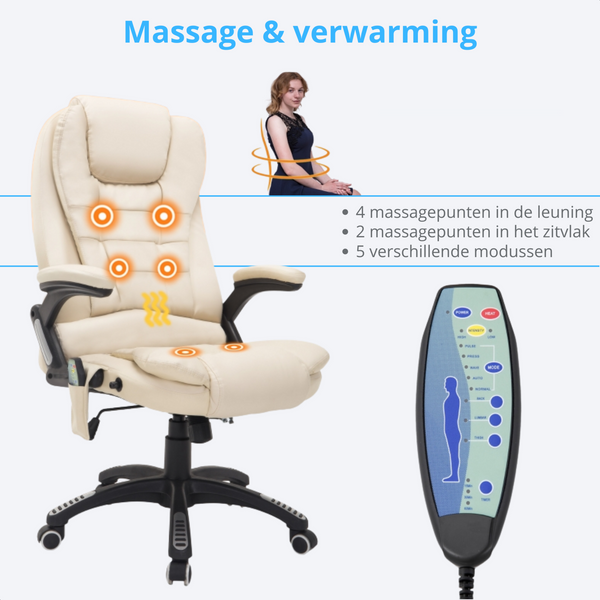 Beige bureaustoel met stoelverwarming en massage – stijlvol en ergonomisch comfort
