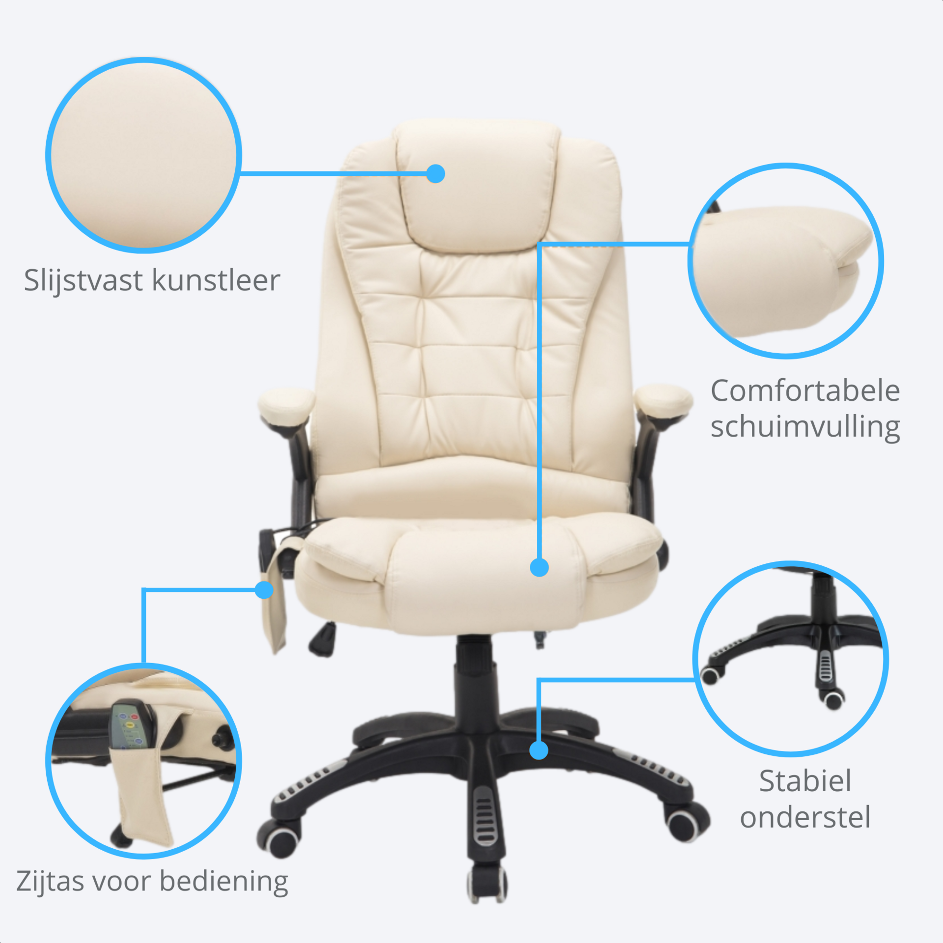 Beige bureaustoel met stoelverwarming en massage – stijlvol en ergonomisch comfort
