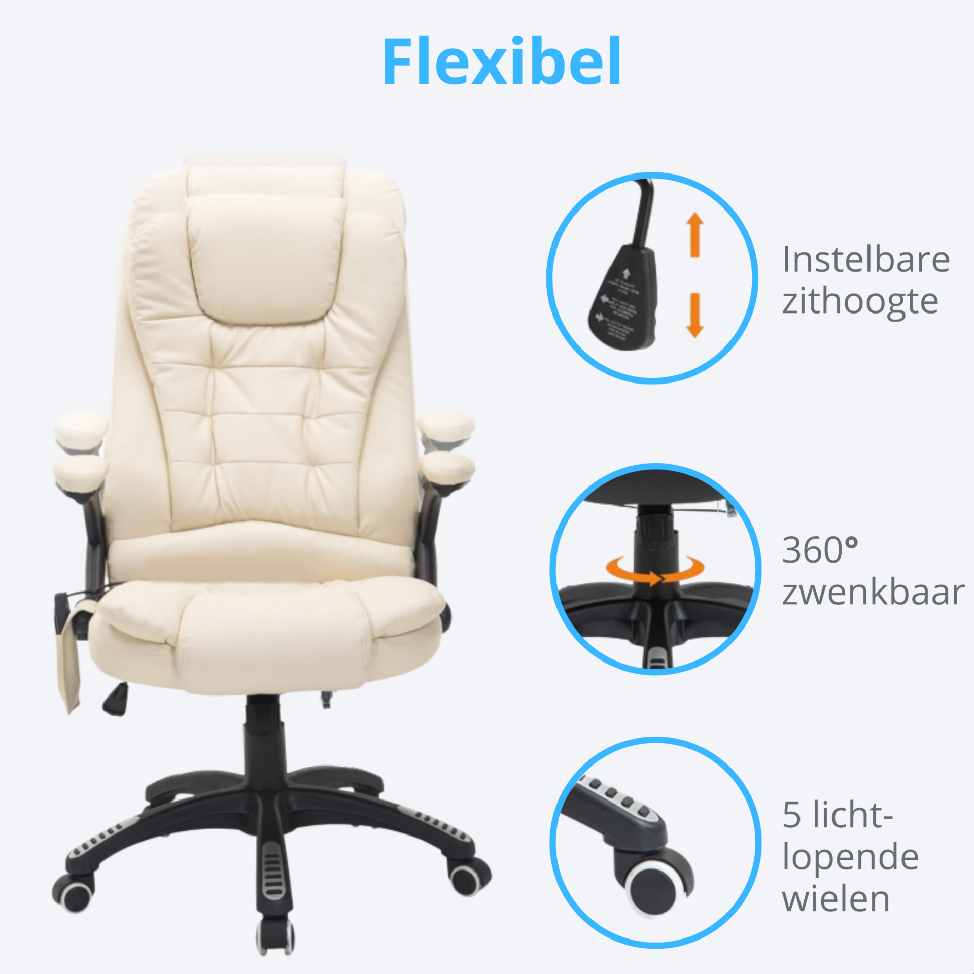 Beige bureaustoel met stoelverwarming en massage – stijlvol en ergonomisch comfort
