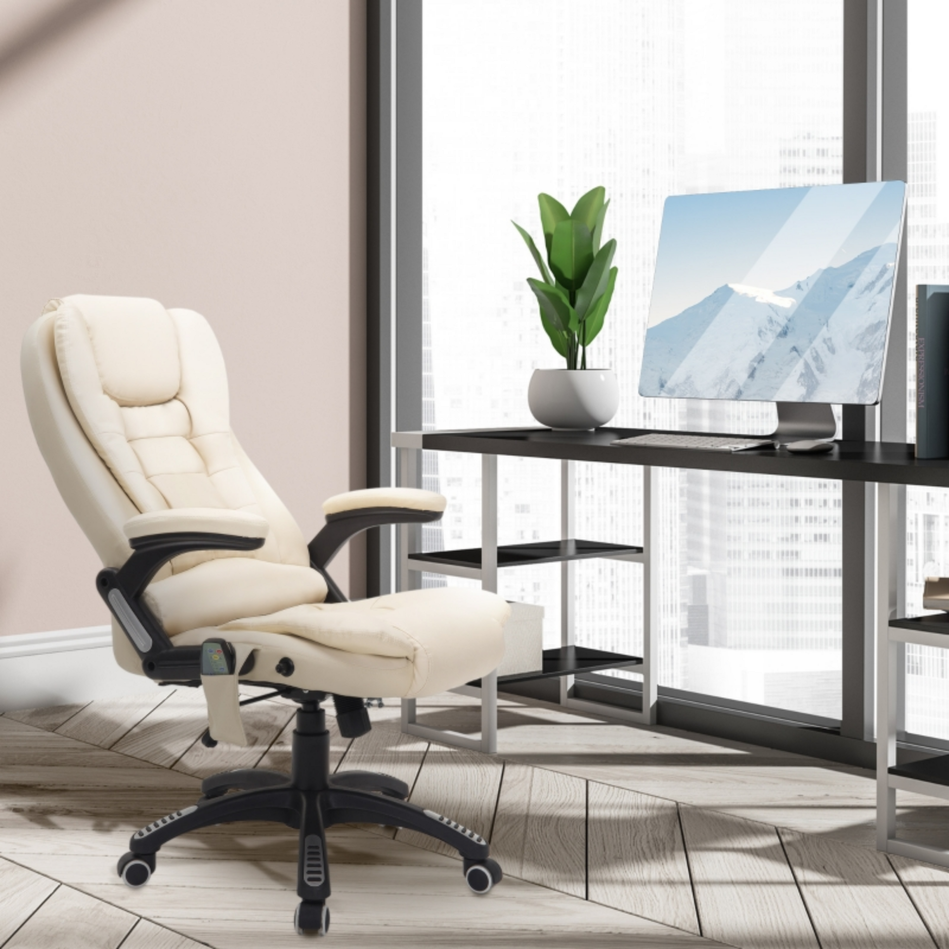 Beige bureaustoel met stoelverwarming en massage – stijlvol en ergonomisch comfort