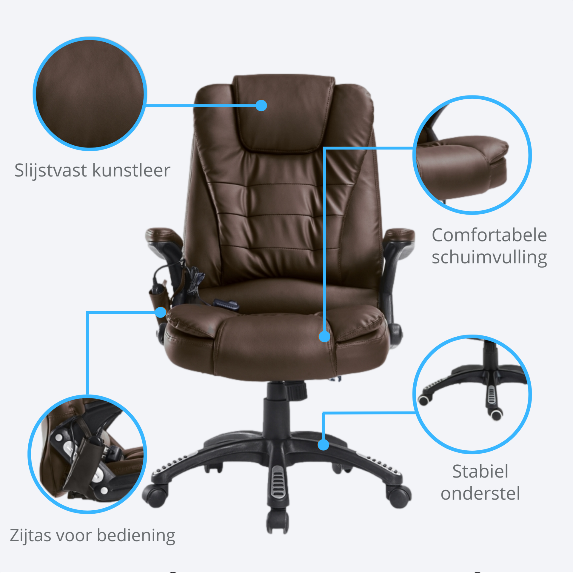 Bruine bureaustoel met stoelverwarming en massage – stijlvol en comfortabel