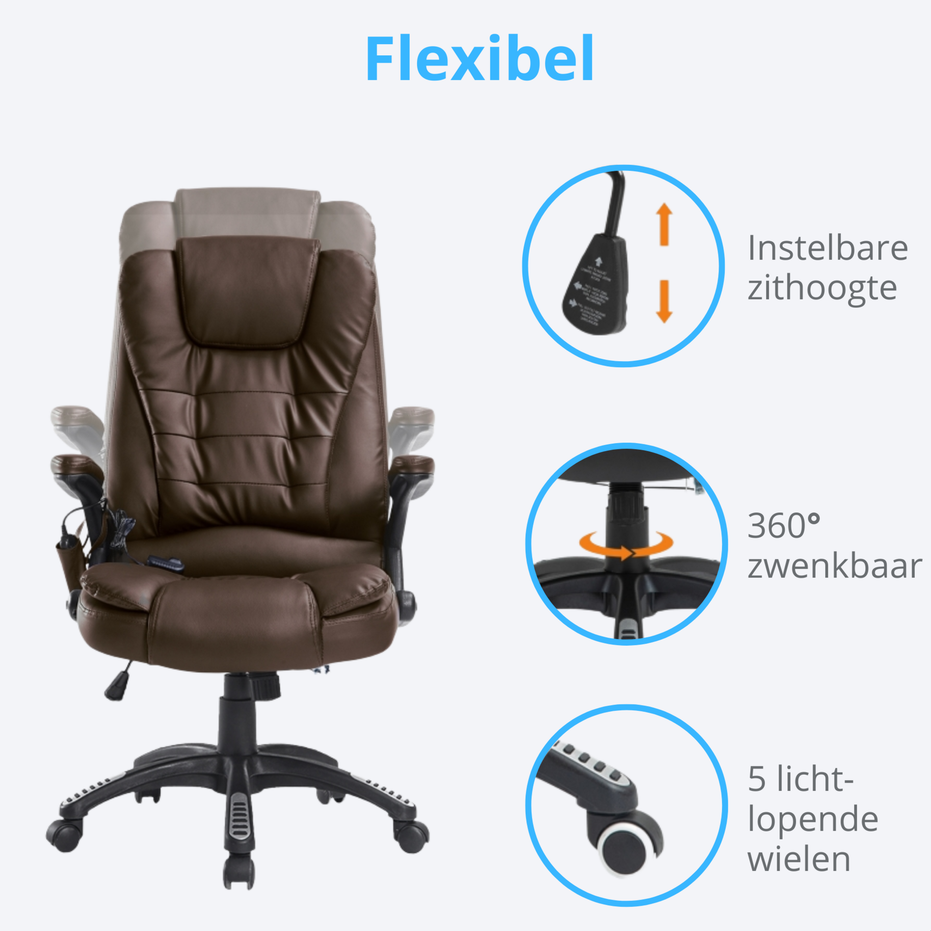 Bruine bureaustoel met stoelverwarming en massage – stijlvol en comfortabel