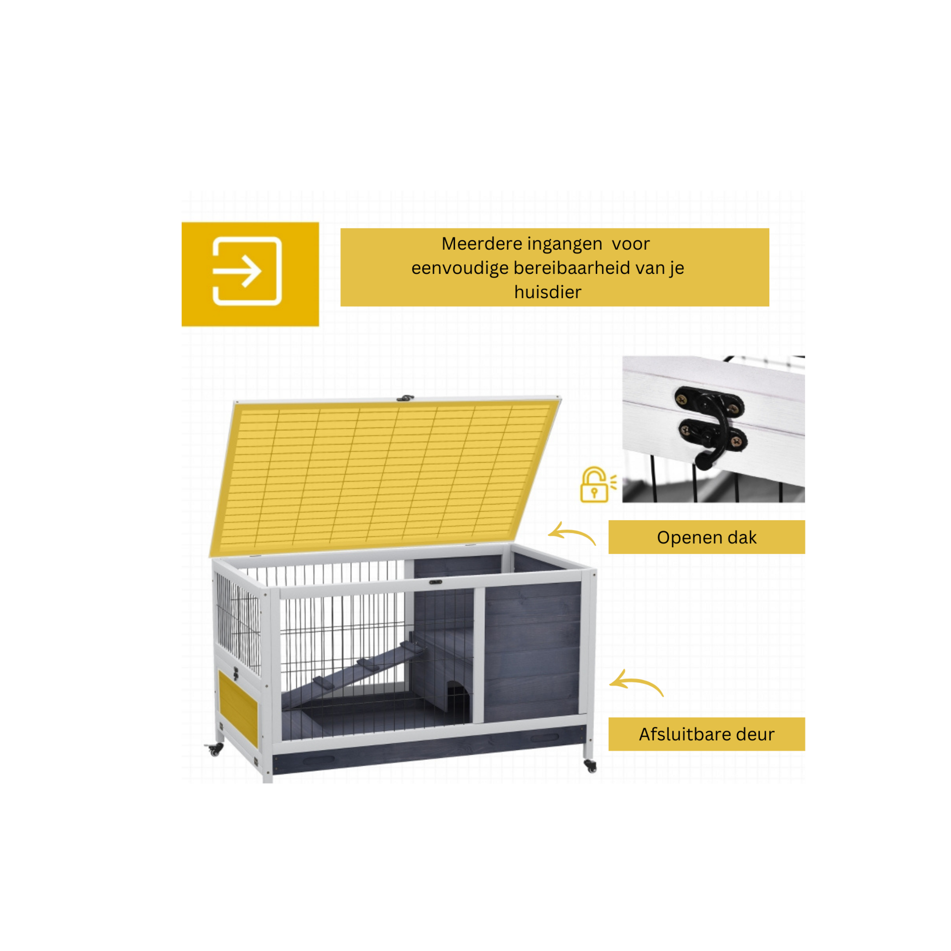 Grijs houten konijnenhok 90x53x59 cm – mobiel en onderhoudsvriendelijk