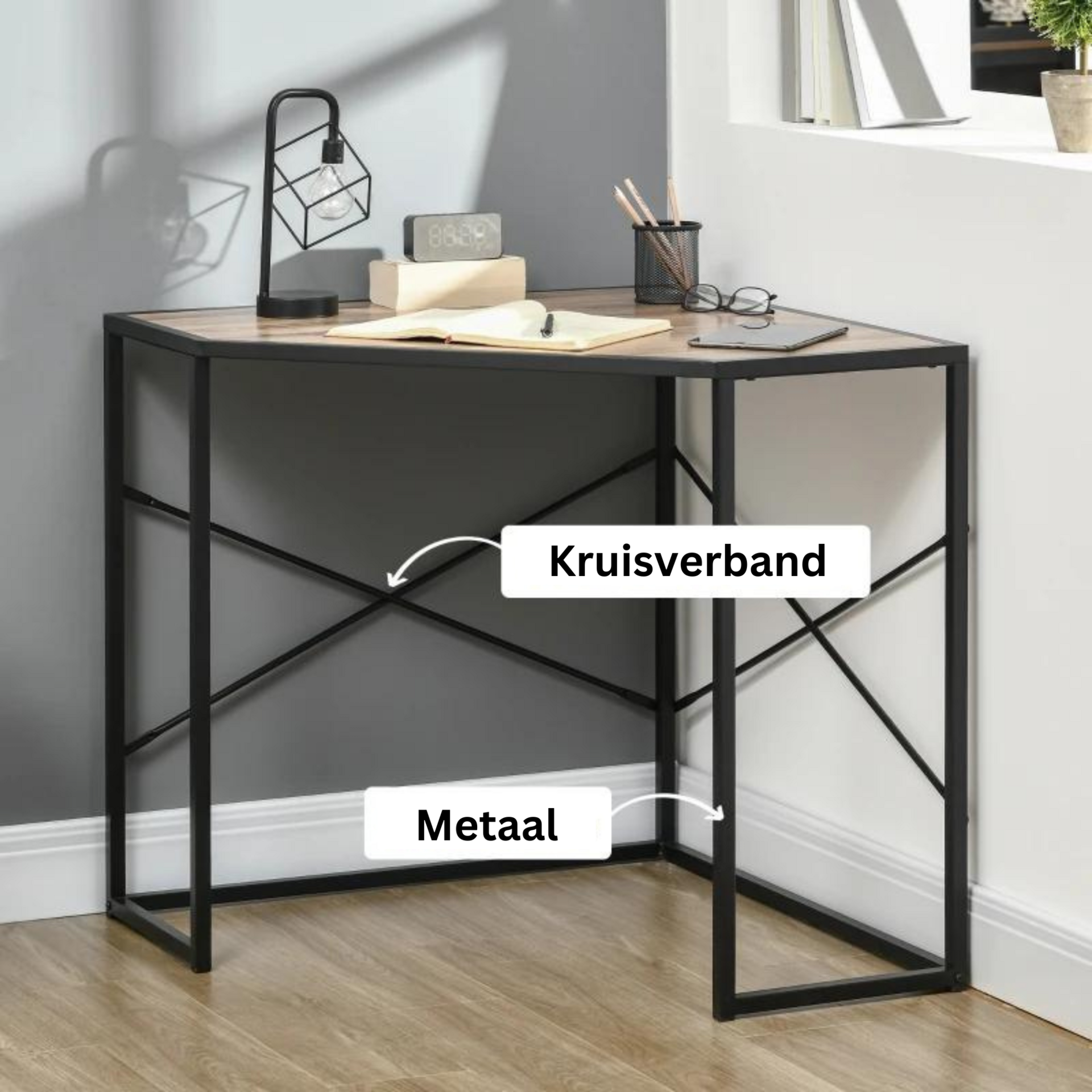 Industrieel compact hoekbureau 80x80x78 cm – praktisch en robuust design