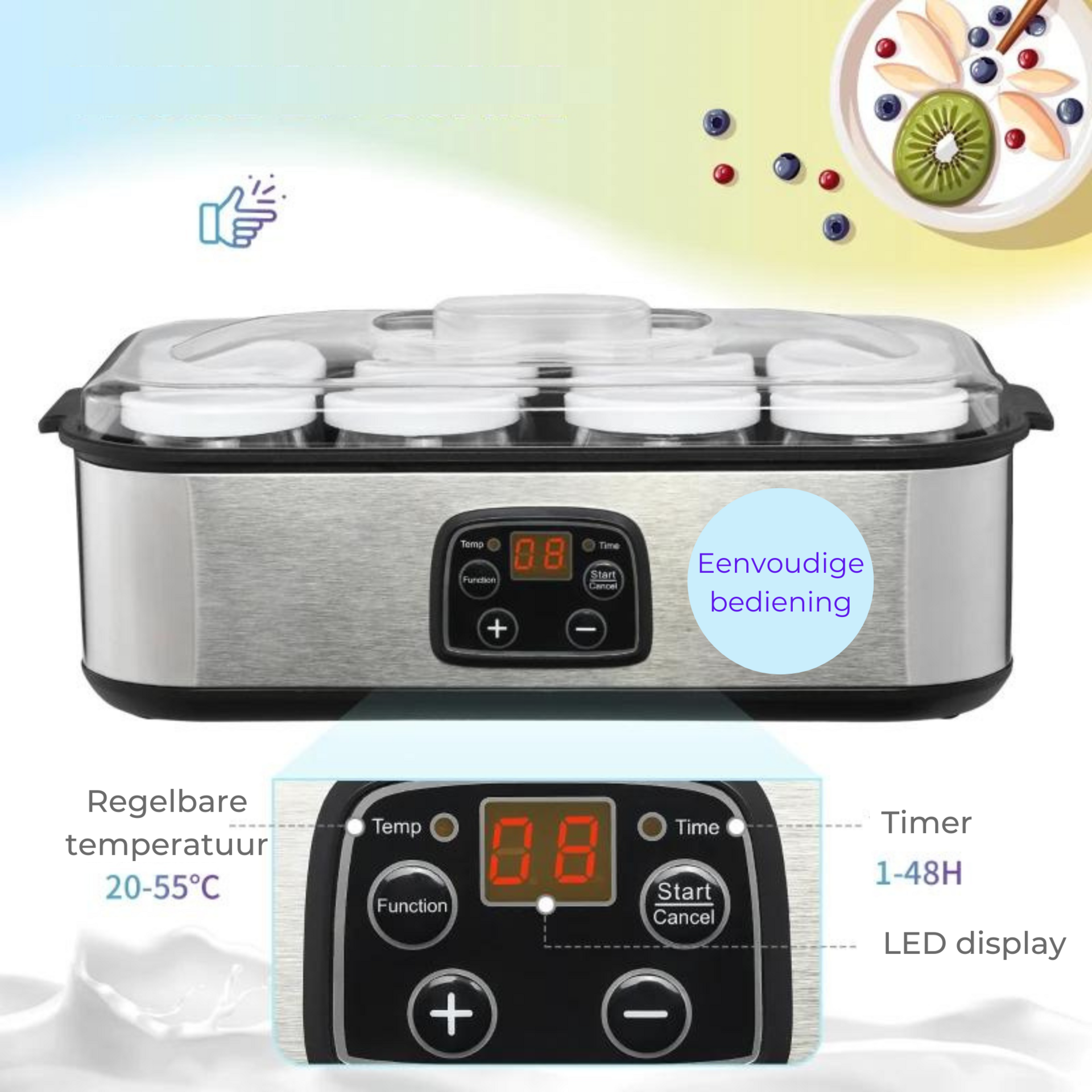 Yoghurtmaker van RVS – met 8 glazen potten voor verse huisgemaakte yoghurt | Zenzee
