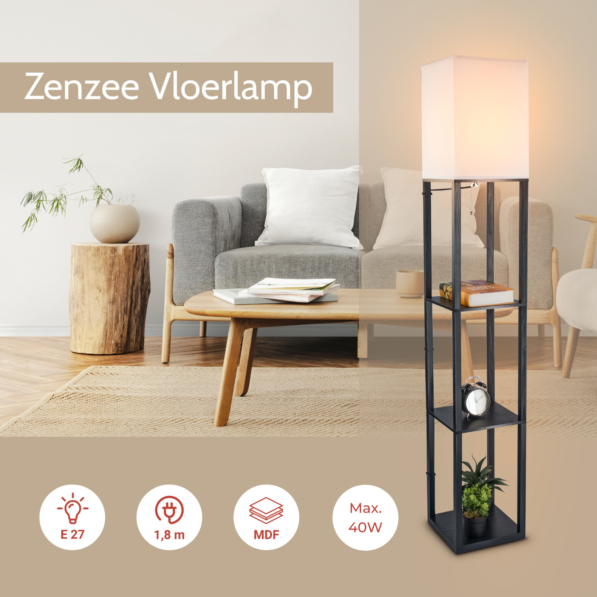 Staande vloerlamp met opbergruimte 26x26x160 cm – functioneel en modern design