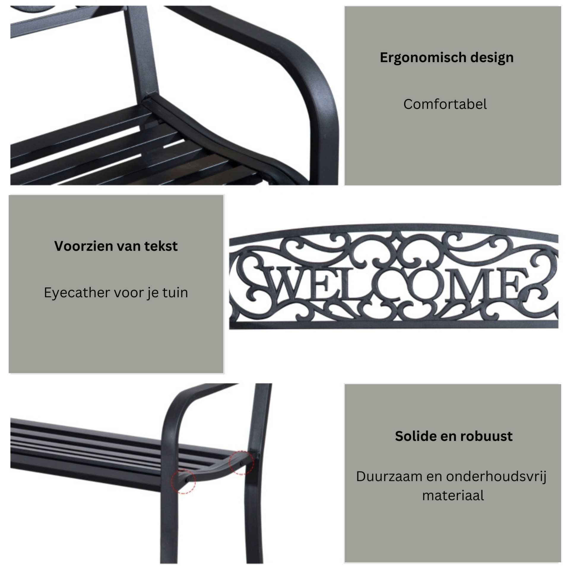 Tuinbank 2-zits zwart – waterdicht metaal en stevig ontwerp - 127x60x87cm