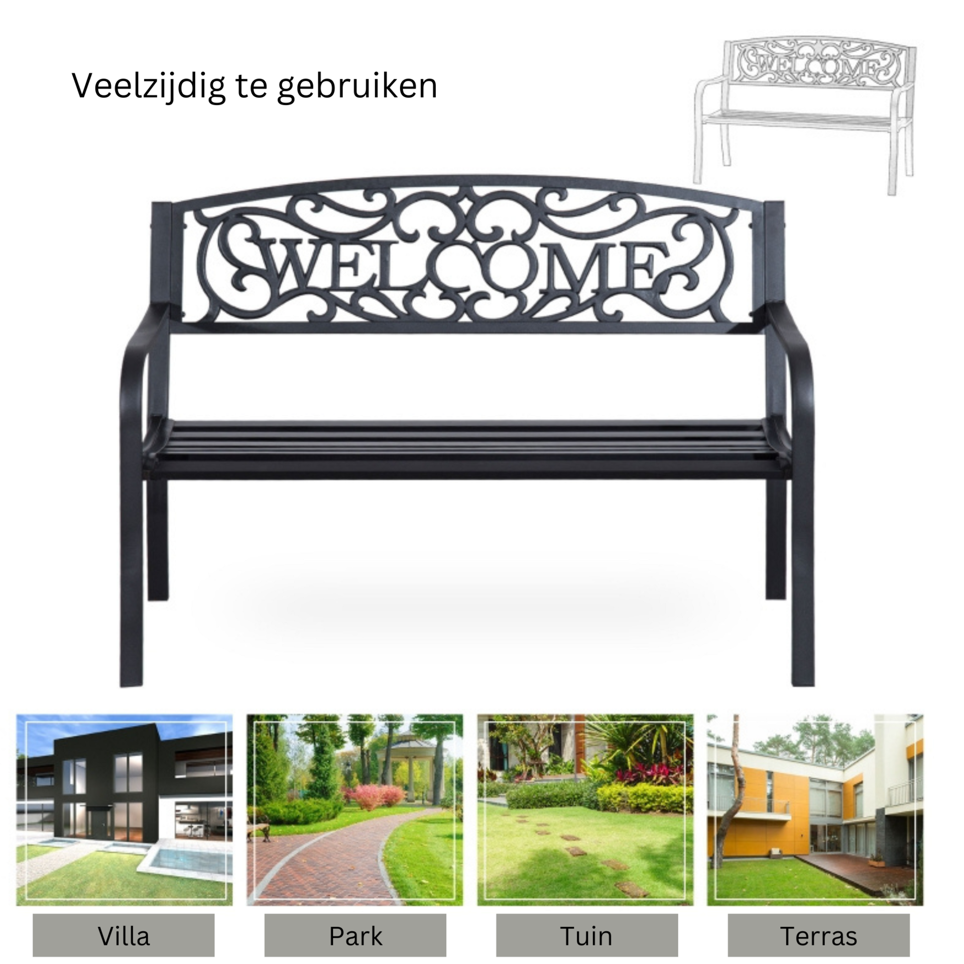 Tuinbank 2-zits zwart – waterdicht metaal en stevig ontwerp - 127x60x87cm