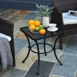 Zwarte metalen bijzettafel 45x45x52 cm – compact en modern voor tuin of balkon met metalen blad en sierlijke poten