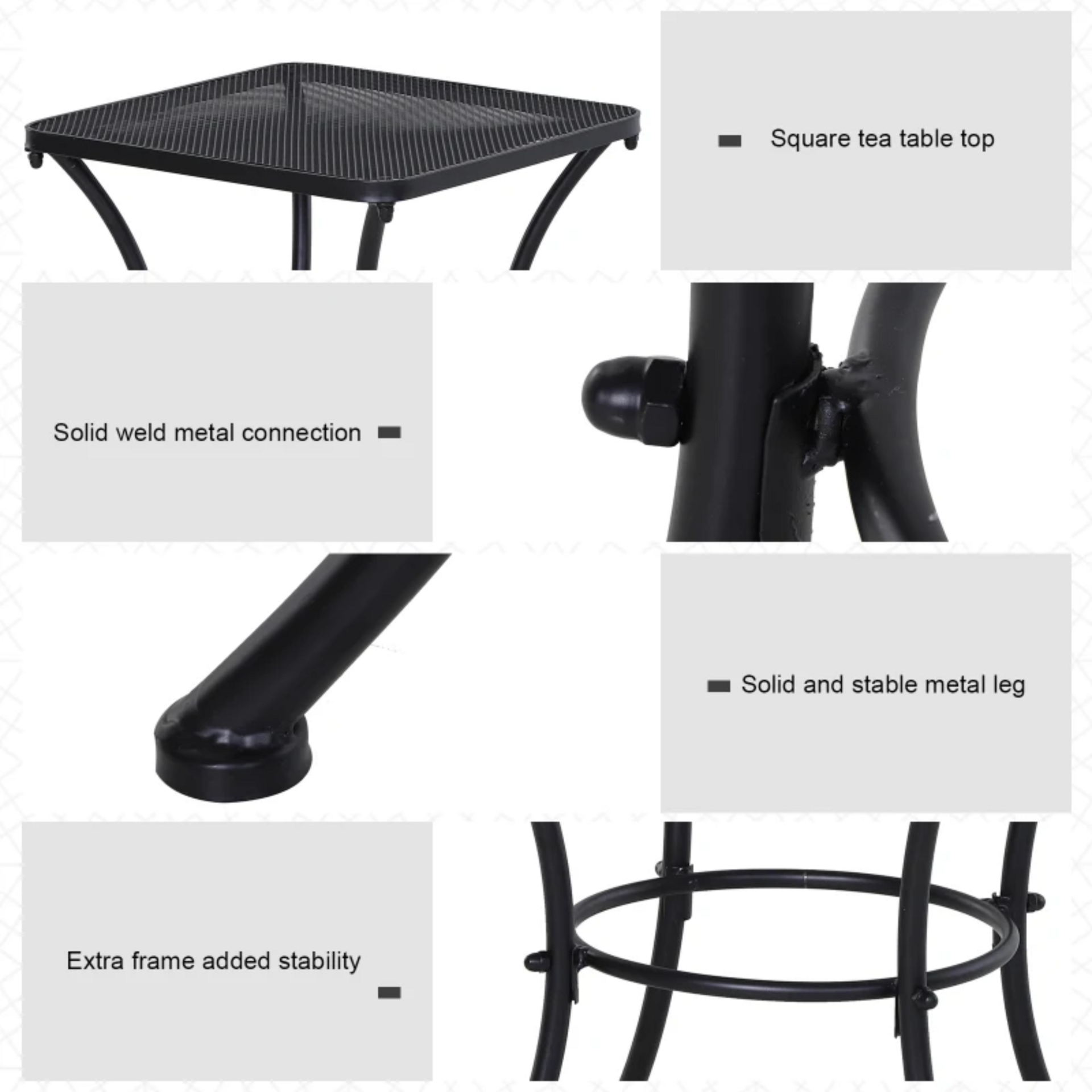 Zwarte metalen bijzettafel 45x45x52 cm – compact en modern voor tuin of balkon