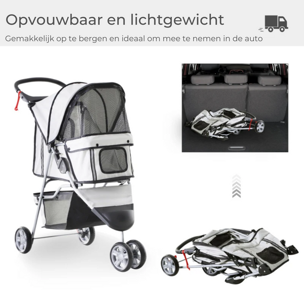 Opvouwbare hondenbuggy met rem en ruime opbergruimte in grijs voor veilig en makkelijk vervoer