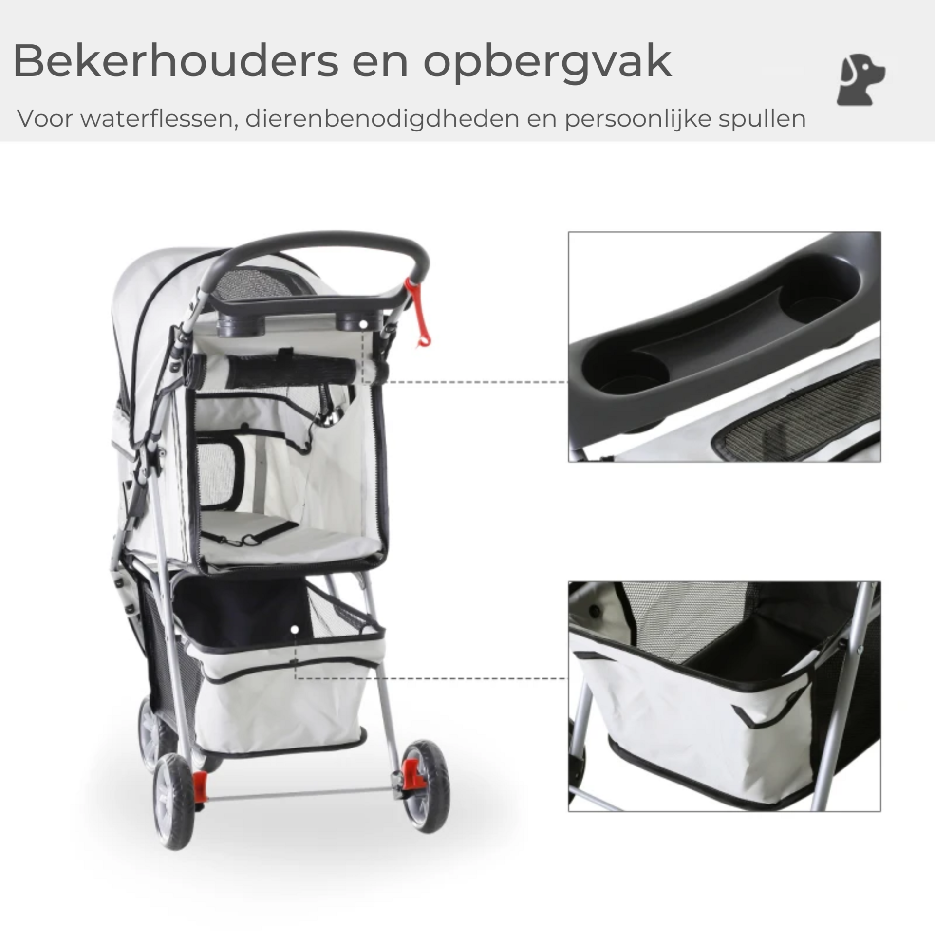 Opvouwbare hondenbuggy met rem en ruime opbergruimte in grijs voor veilig en makkelijk vervoer