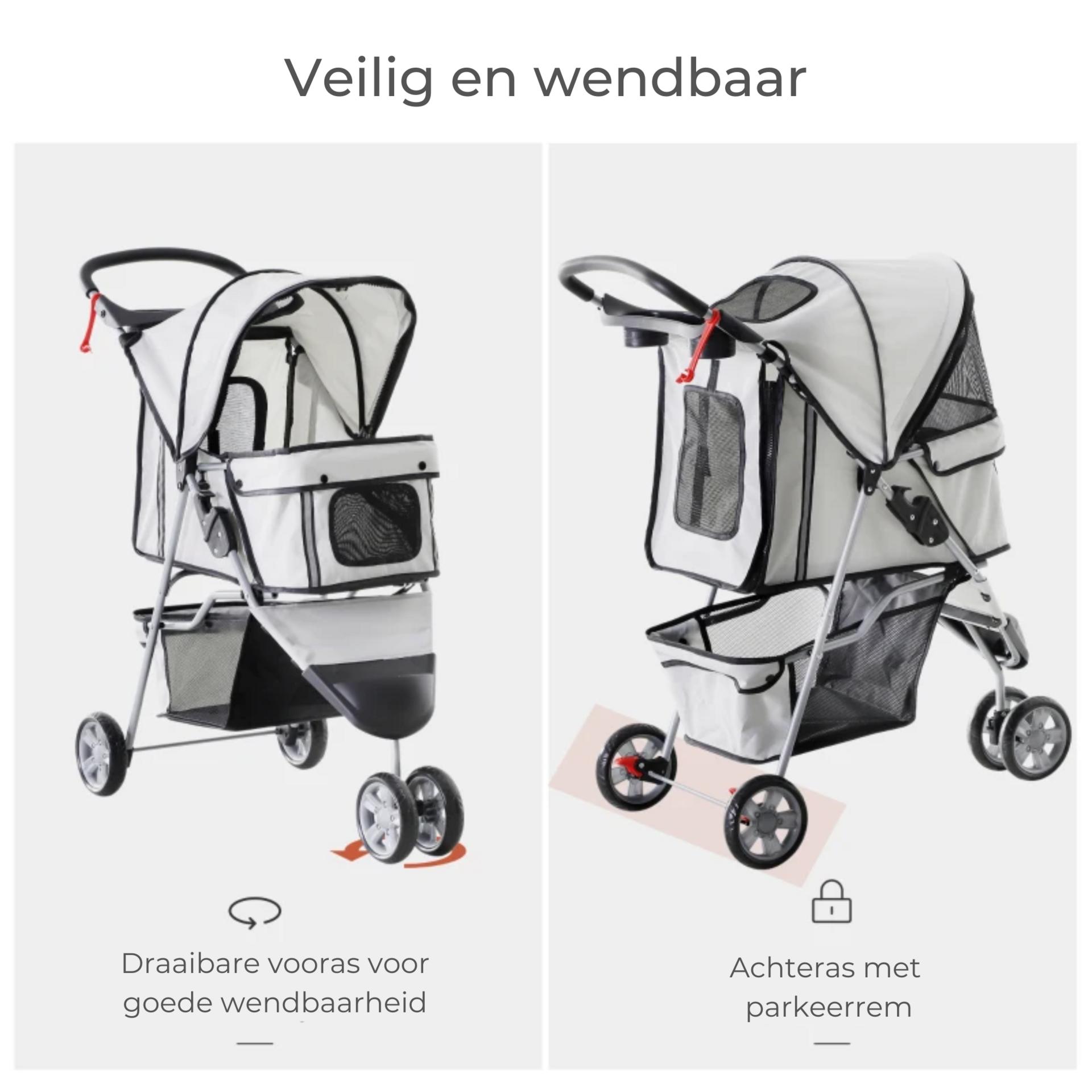 Opvouwbare hondenbuggy met rem en ruime opbergruimte in grijs voor veilig en makkelijk vervoer