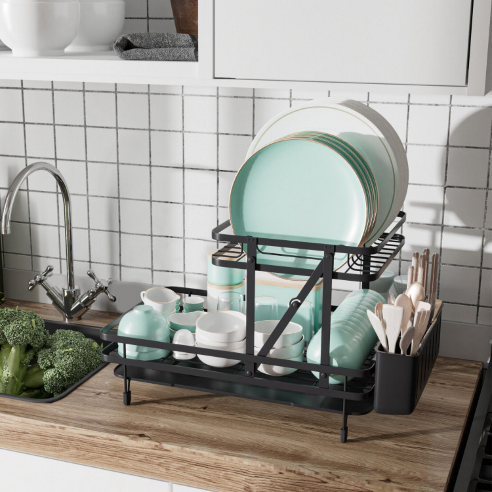 Roestvrijstalen afdruiprek met bestekhouder en lekbak voor keuken