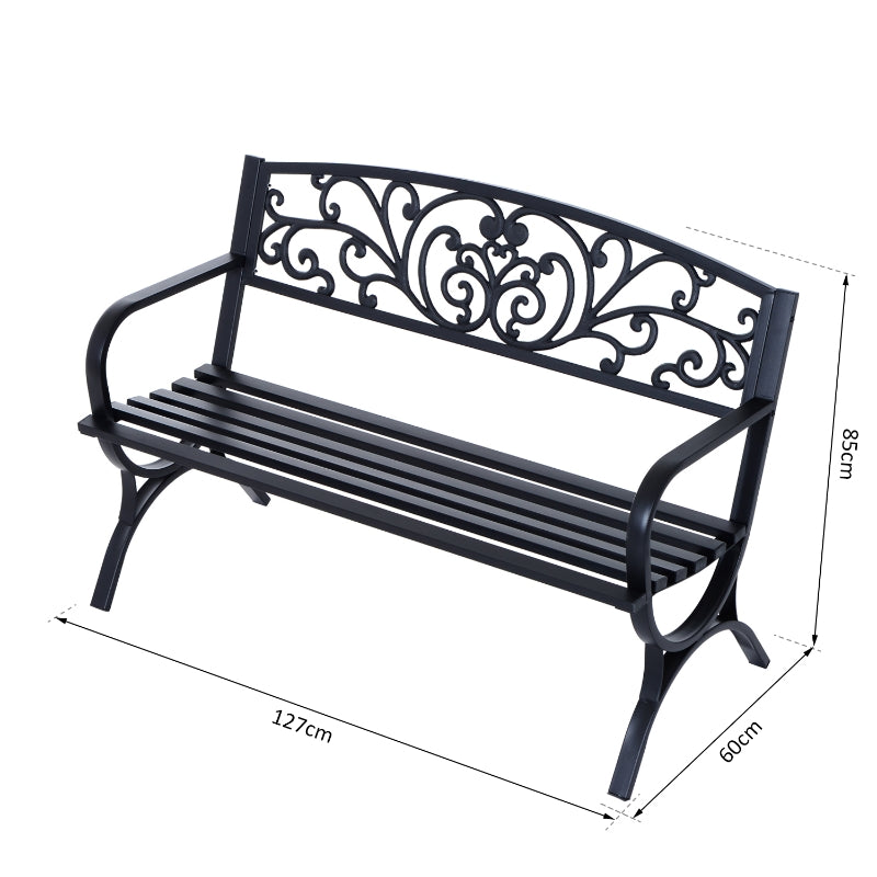 Duurzame 2-zits tuinbank zwart metaal 127x60x85 cm voor buitengebruik