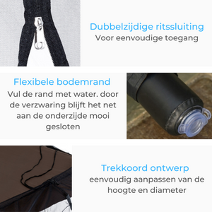 Effectieve parasol klamboe 3x2.3 m zwart tegen muggen en insecten met dubbele ritssluiting en flexibele watergevulde bodemrand