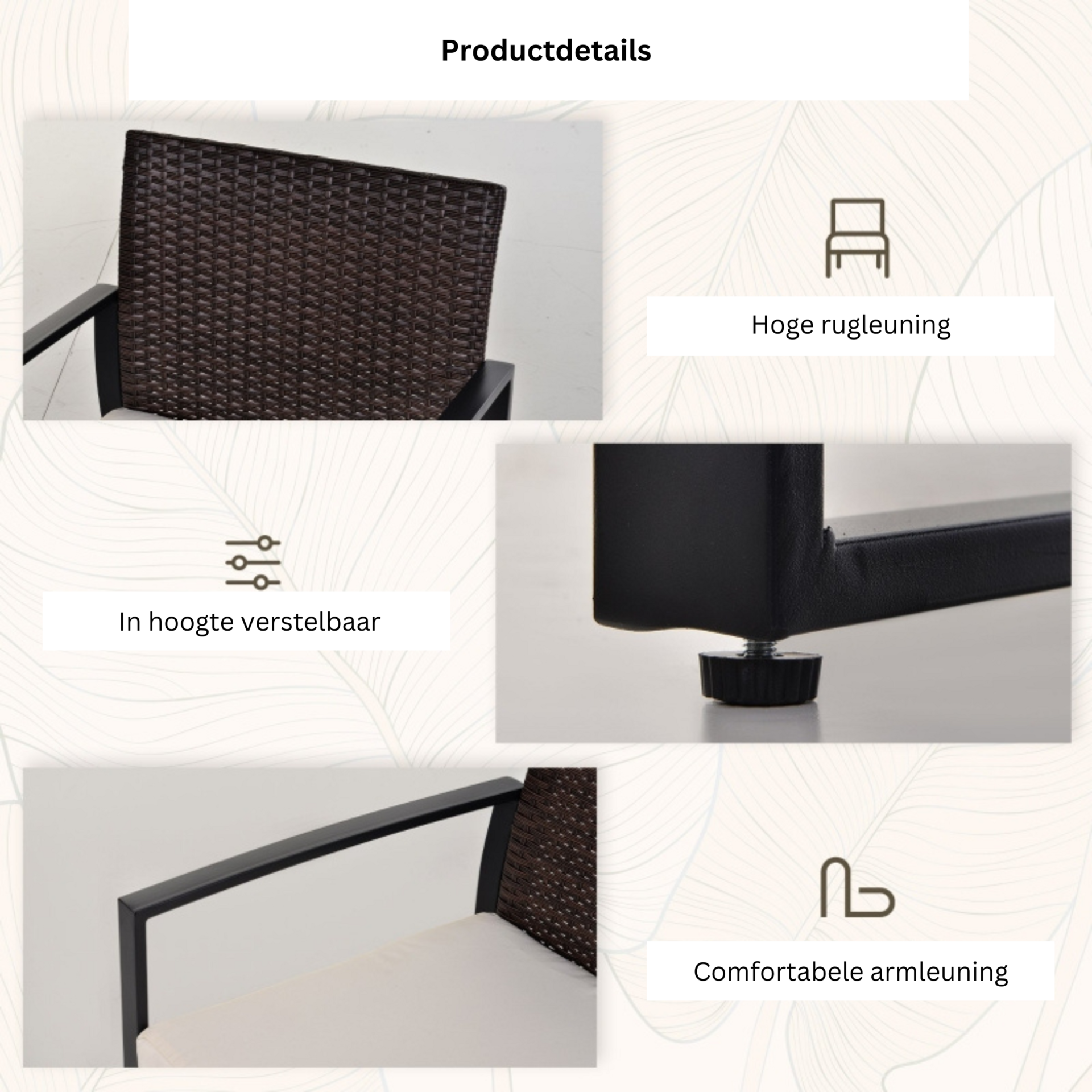 Comfortabele tuinset 3-delig rotan bruin crème met kussens en tafel