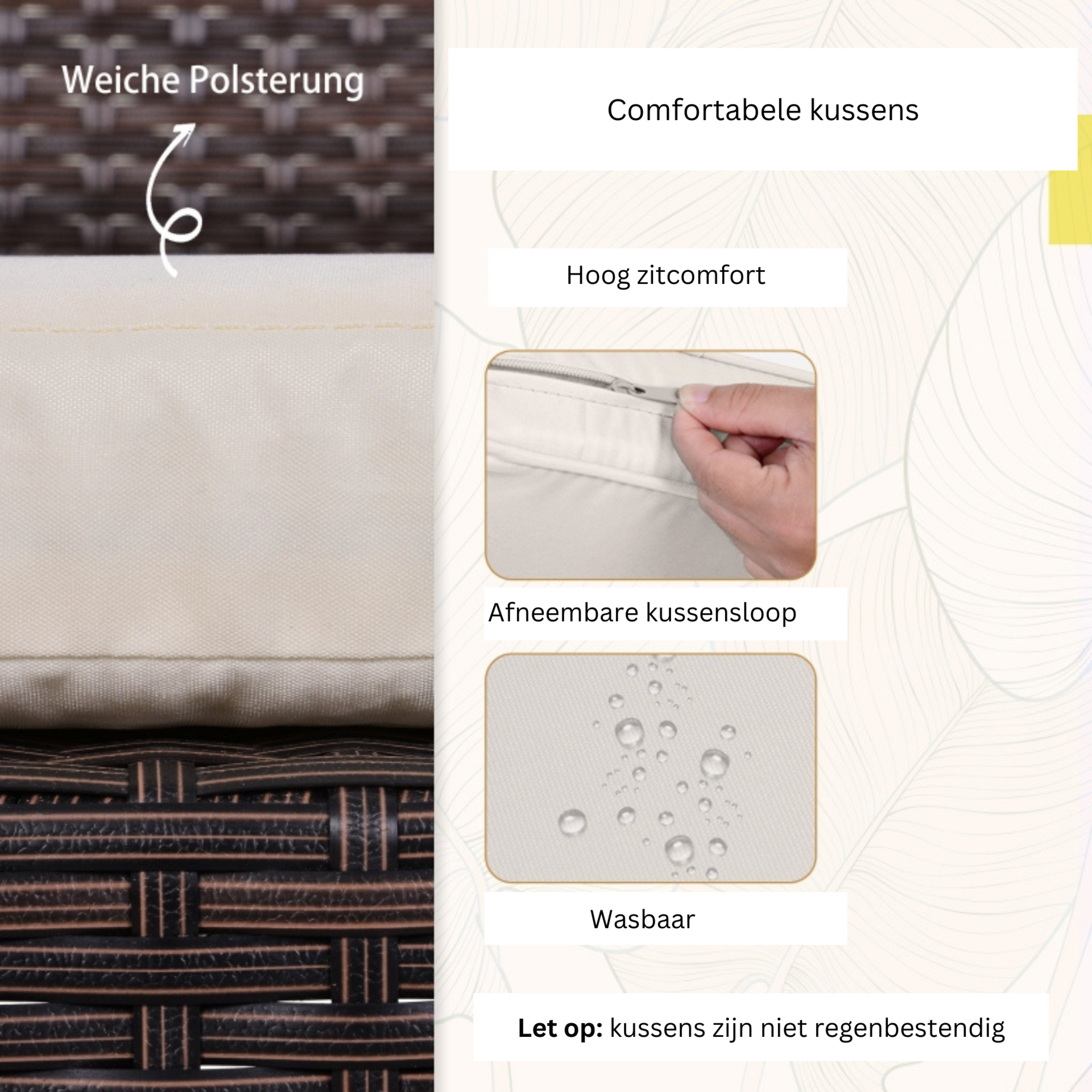 Comfortabele tuinset 3-delig rotan bruin crème met kussens en tafel