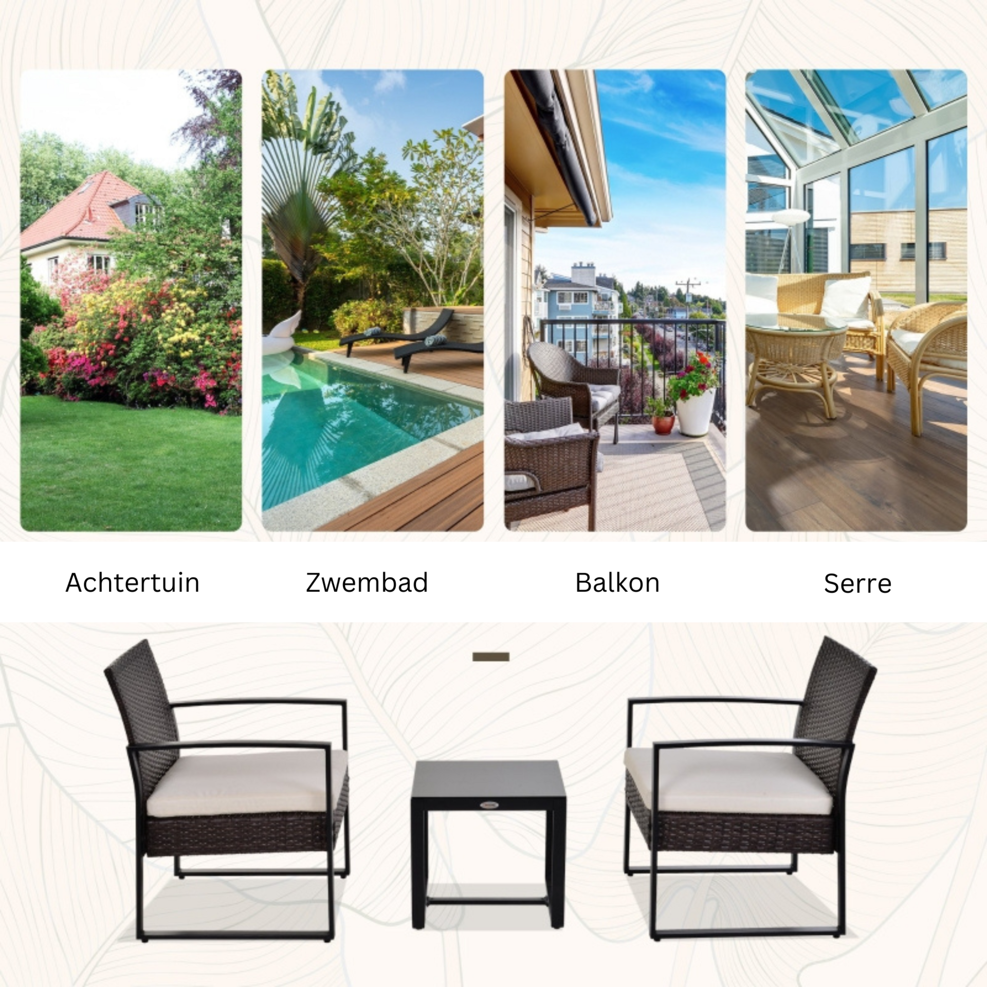 Comfortabele tuinset 3-delig rotan bruin crème met kussens en tafel