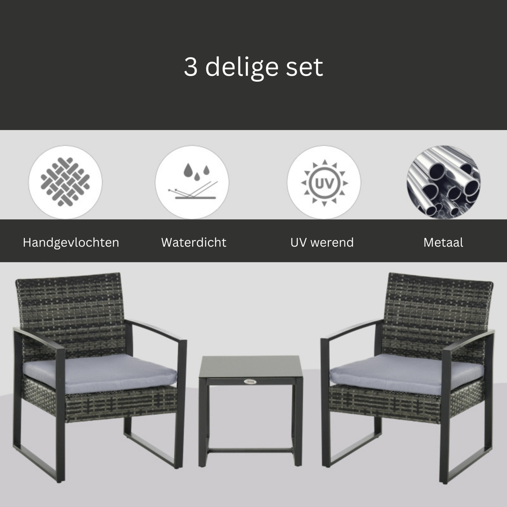 Stijlvolle tuinset 3-delig rotan grijs crème met comfortabele kussens en tafel