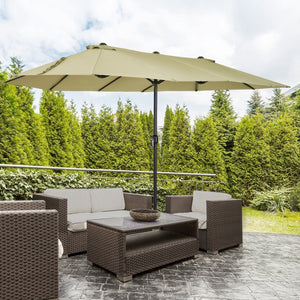 Grote dubbele parasol 460x270 cm lichtbruin – Met handslinger voor moeiteloze bediening en optimale schaduw op terras