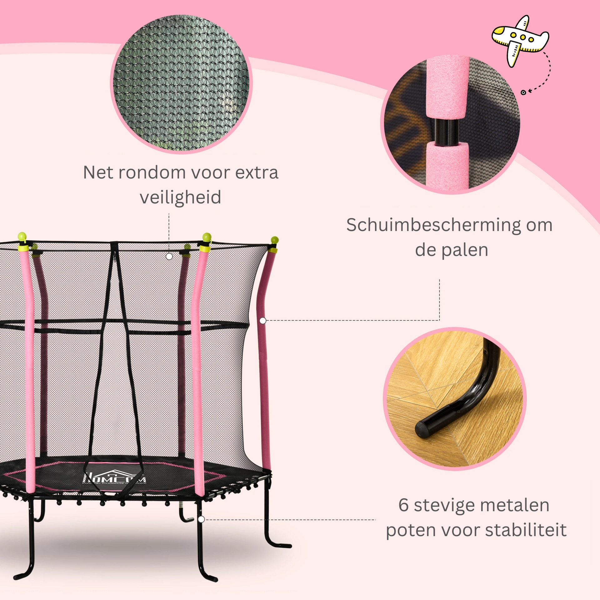 Roze kindertrampoline ø162 cm met veiligheidsnet en stevige constructie
