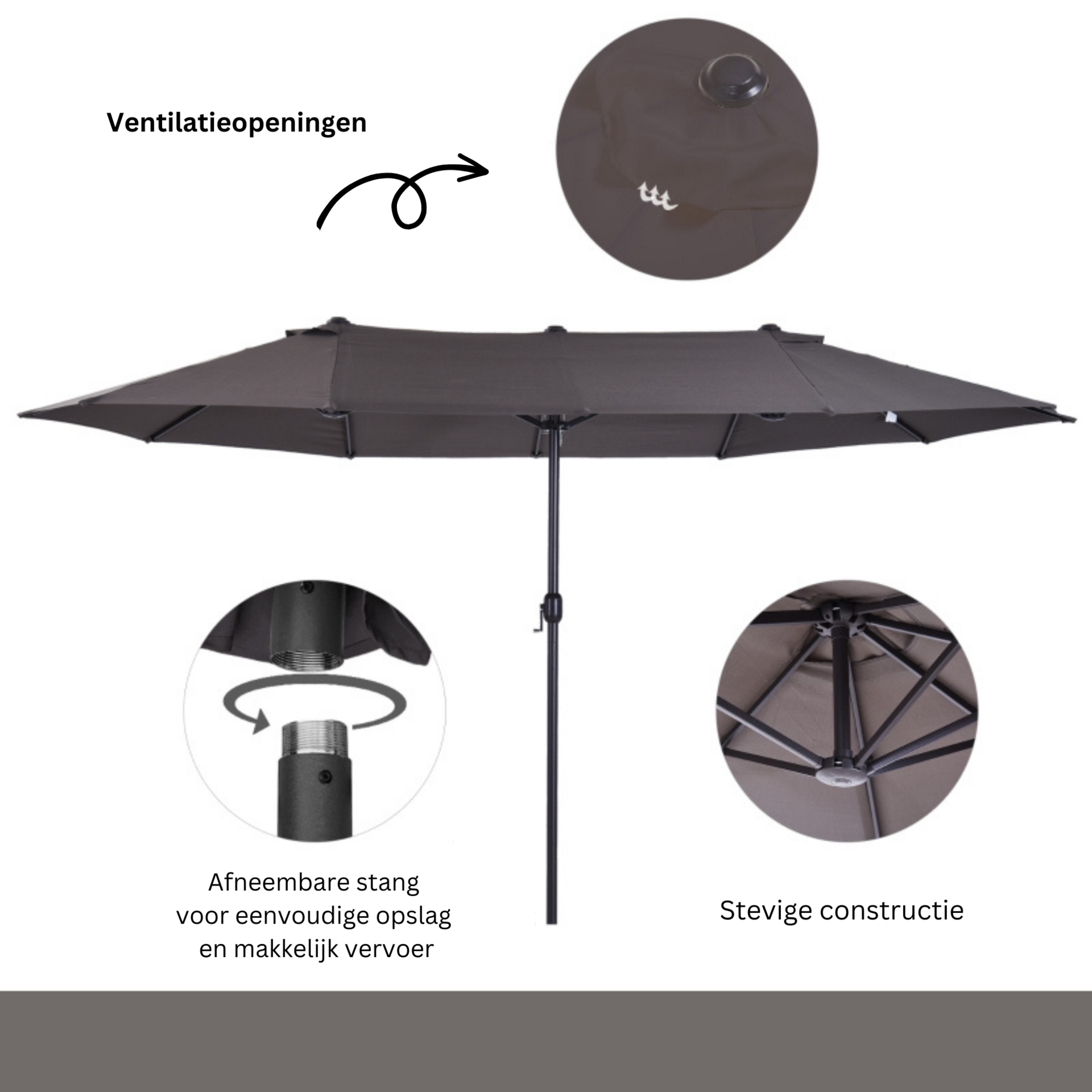 Grote dubbele parasol 460x270 cm grijs – Met handslinger voor moeiteloze bediening