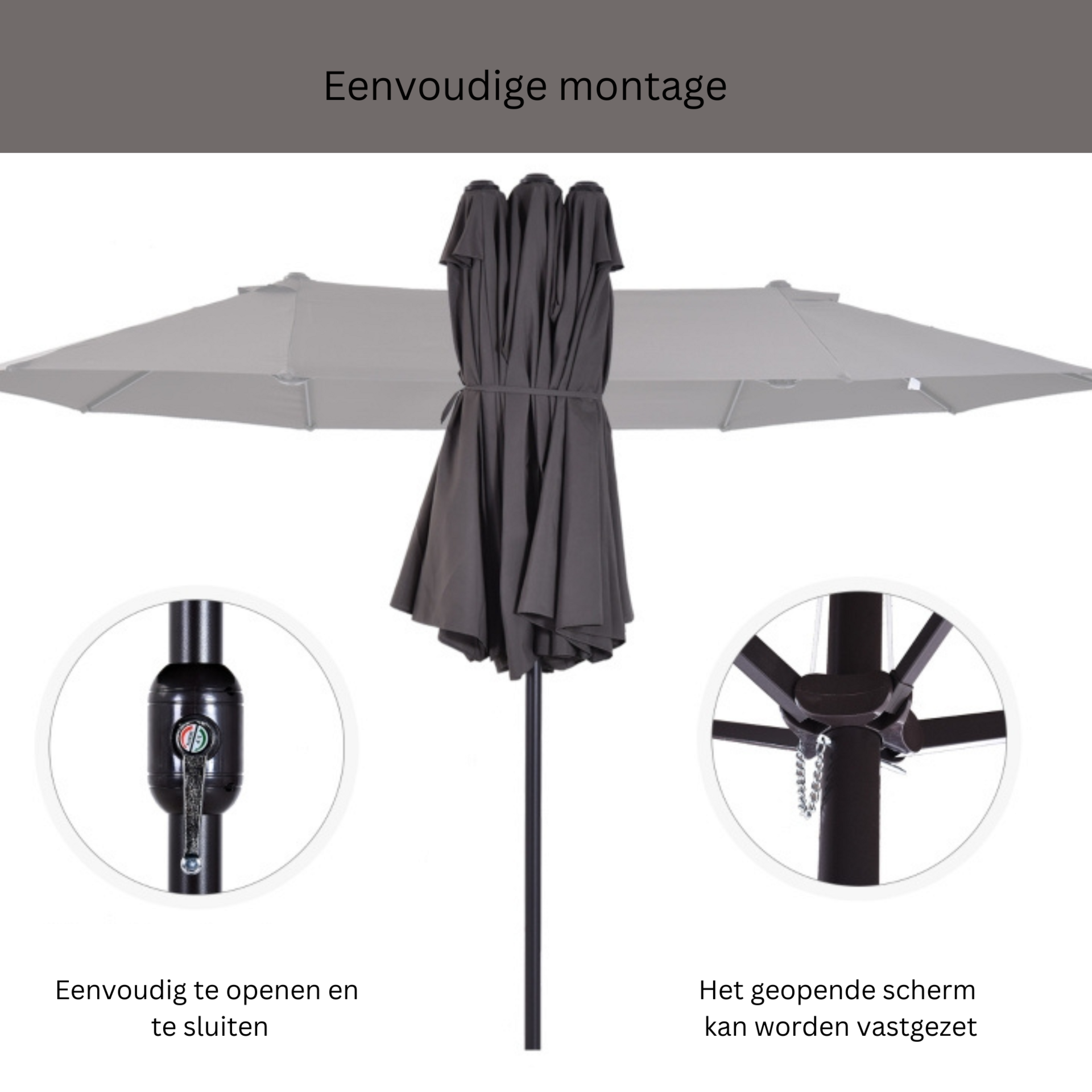 Grote dubbele parasol 460x270 cm grijs – Met handslinger voor moeiteloze bediening