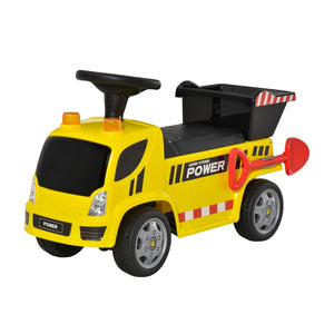 Stoere loopauto graafmachine geel 72x28x42 cm met helm en graaffunctie voor actief speelplezier binnen en buiten.