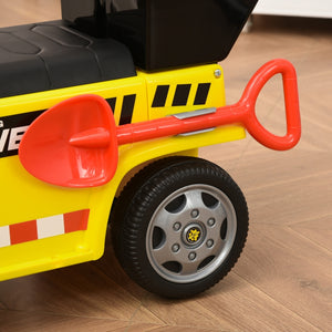 Stoere loopauto graafmachine geel 72x28x42 cm met helm en graaffunctie met rood schepje bevestigd aan het zijpaneel