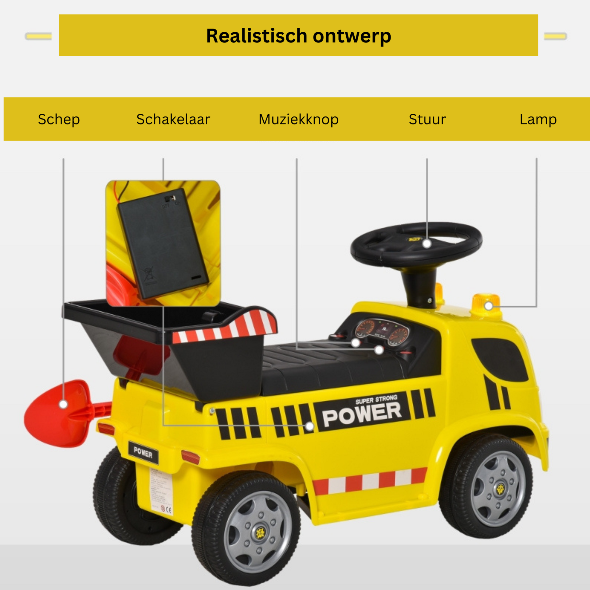 Stoere loopauto graafmachine geel 72x28x42 cm met helm en graaffunctie