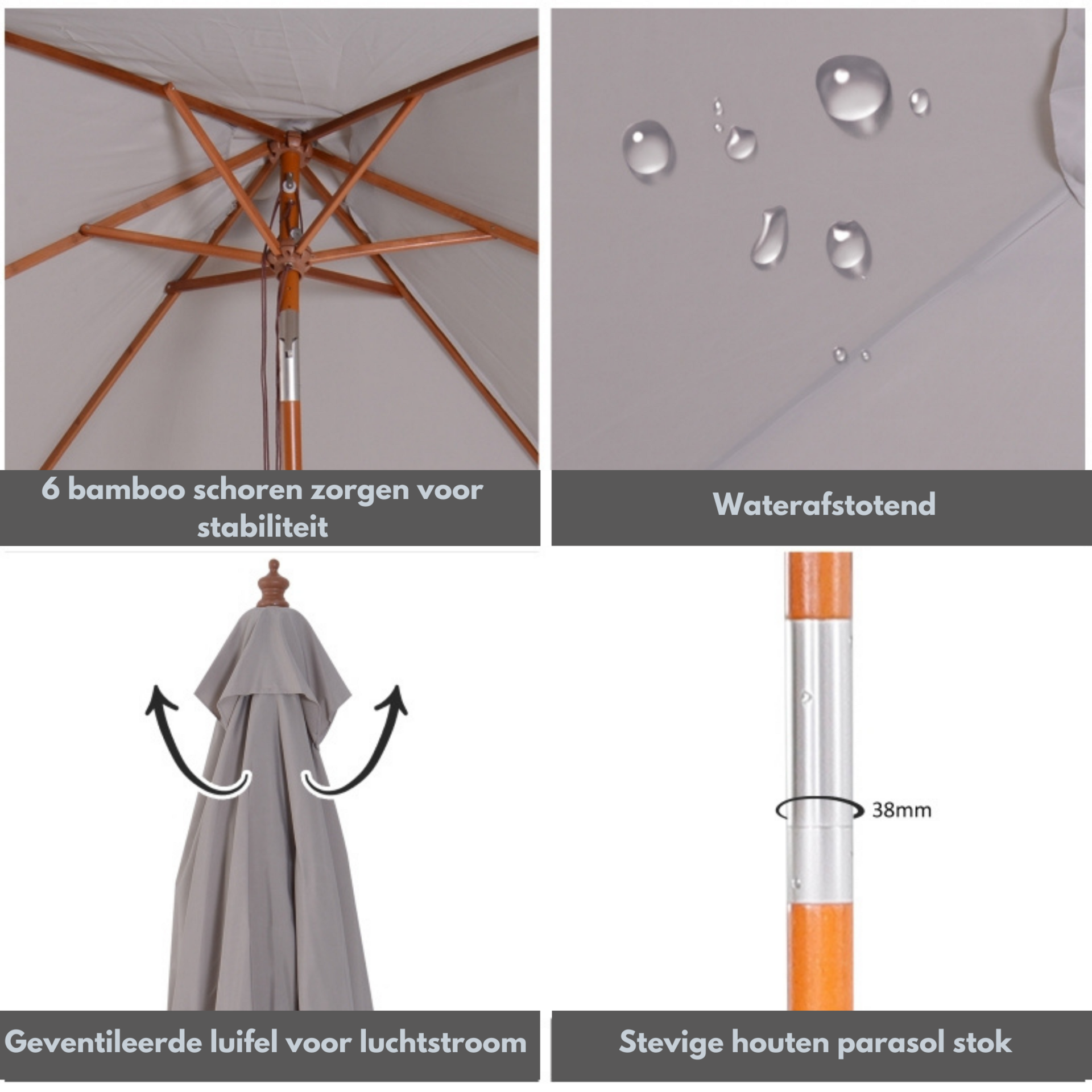 Rechthoekige luxe balkonparasol 200 x 150 cm grijs met knikbaar en UV-bescherming