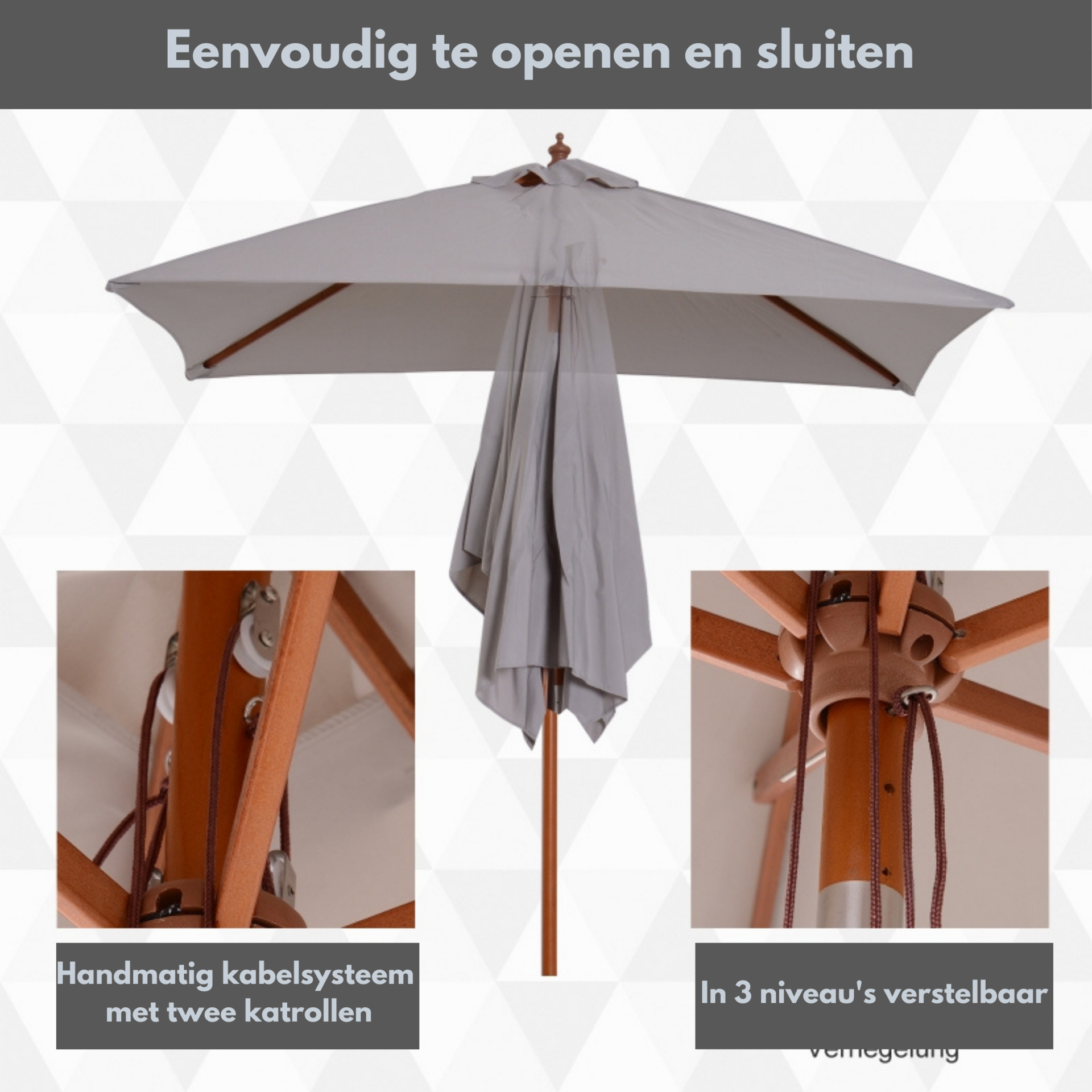 Rechthoekige luxe balkonparasol 200 x 150 cm grijs met knikbaar en UV-bescherming