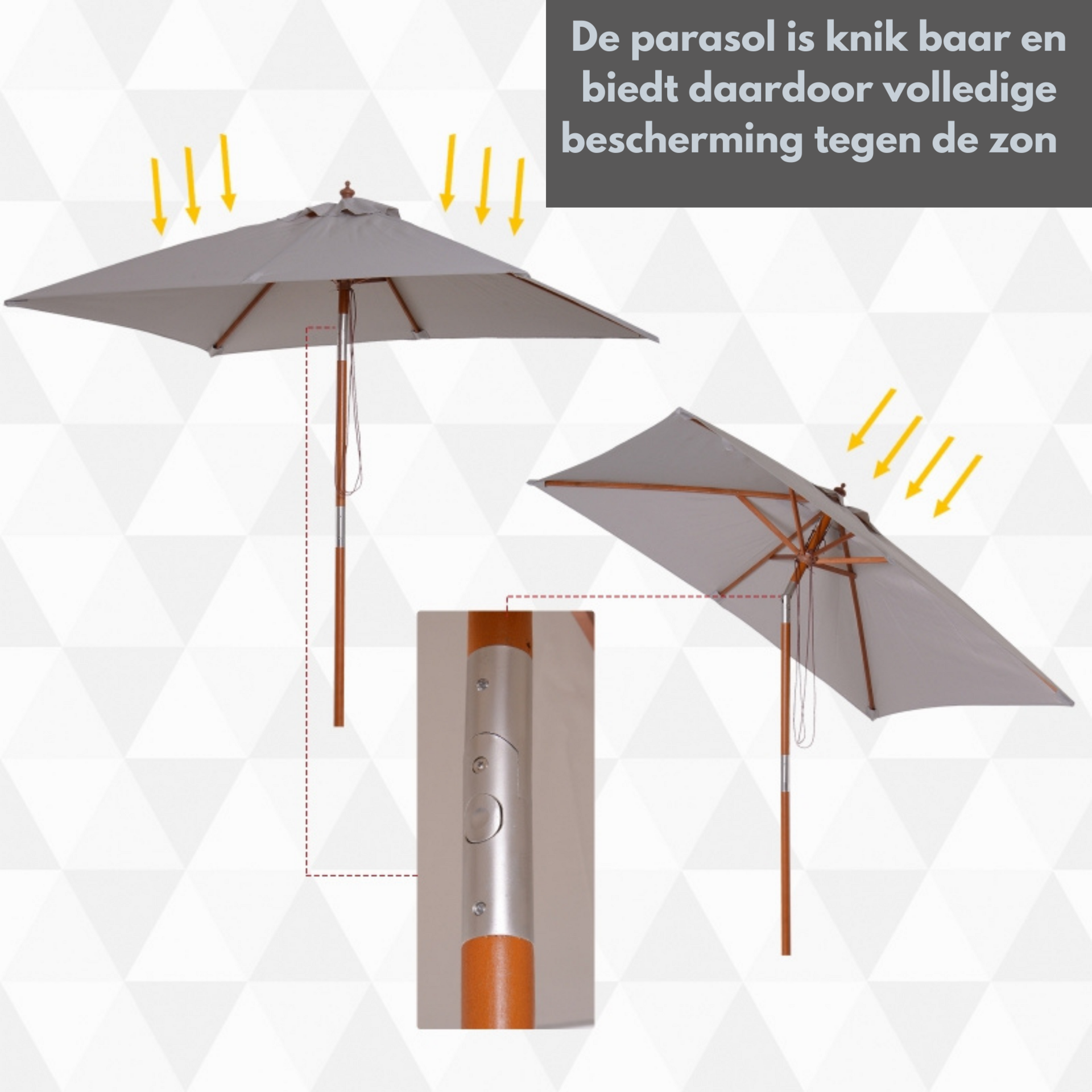 Rechthoekige luxe balkonparasol 200 x 150 cm grijs met knikbaar en UV-bescherming