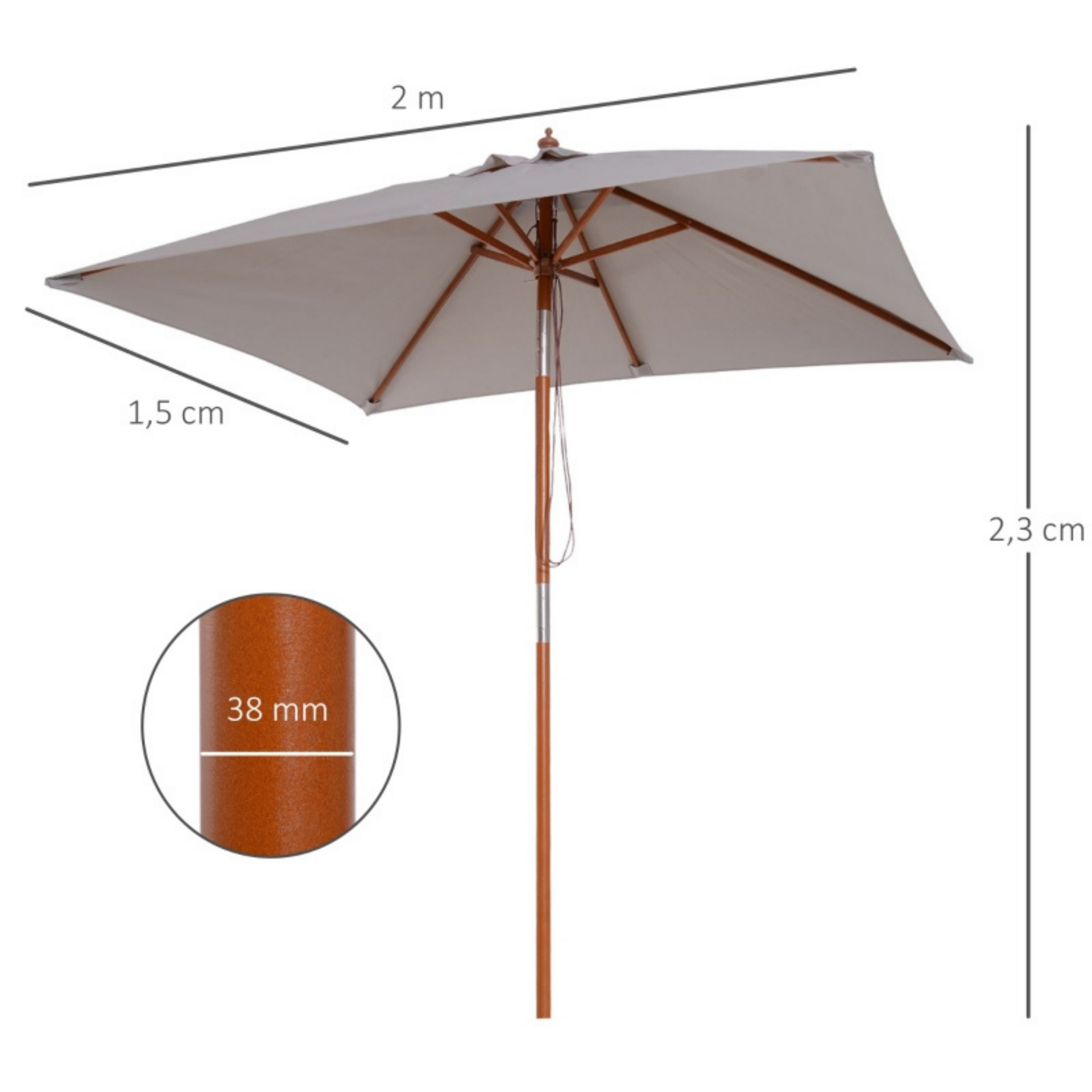 Rechthoekige luxe balkonparasol 200 x 150 cm grijs met knikbaar en UV-bescherming
