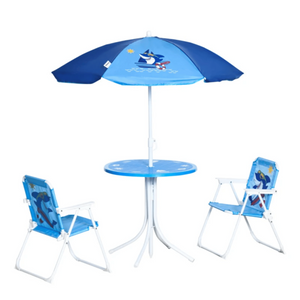 Blauwe kinder picknicktafel met parasol voor tuin en speelplezier buiten met vrolijk zeedierenontwerp
