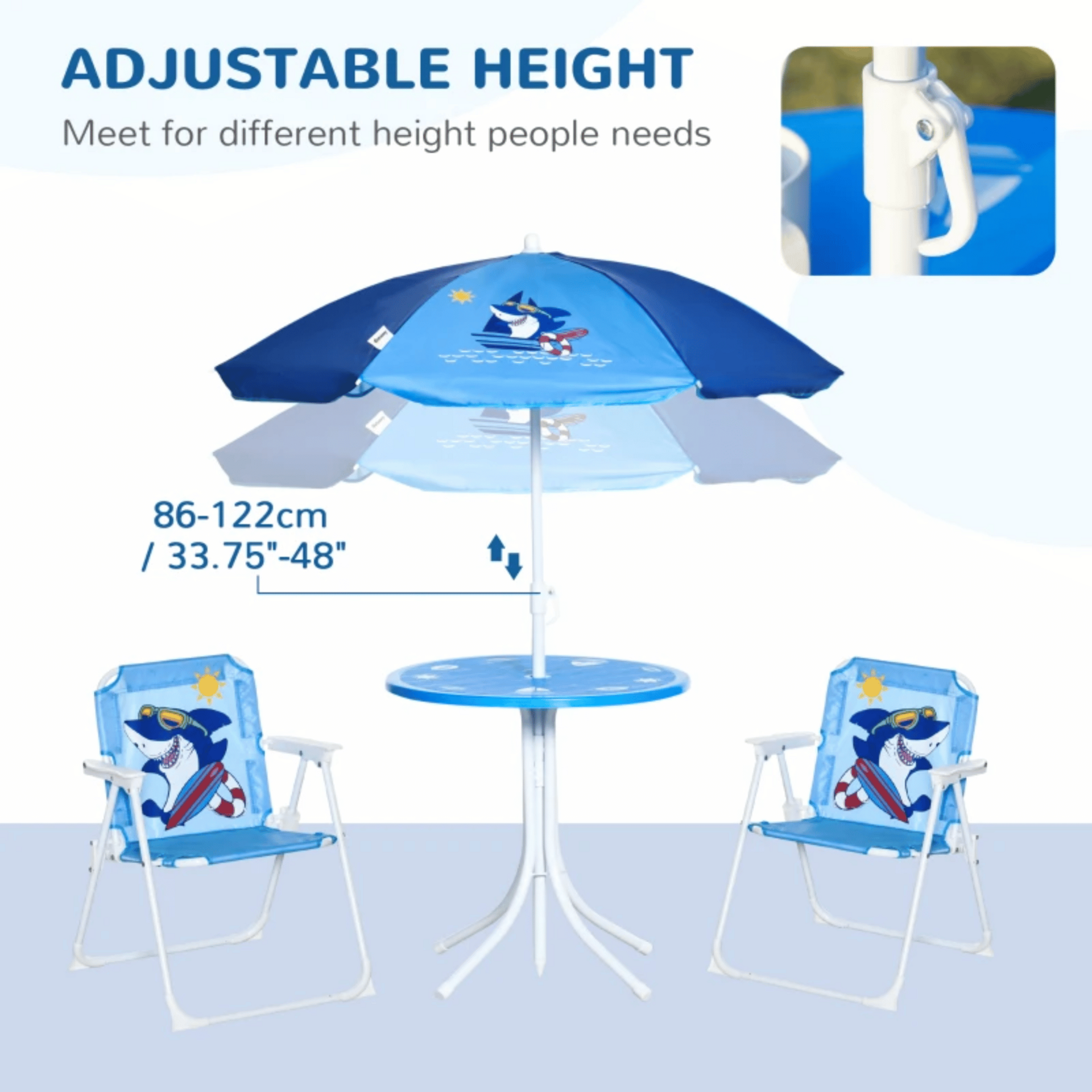 Blauwe kinder picknicktafel met parasol voor tuin en speelplezier buiten