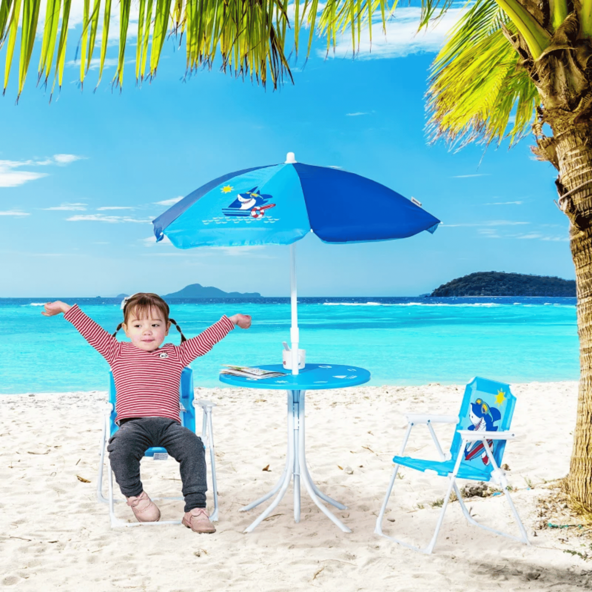 Blauwe kinder picknicktafel met parasol voor tuin en speelplezier buiten