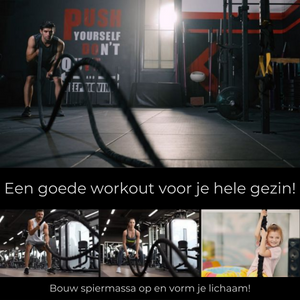 Man traint in sportschool met duurzaam battle rope workout touw 9 m 12 kg met muuranker inbegrepen voor kracht en conditie