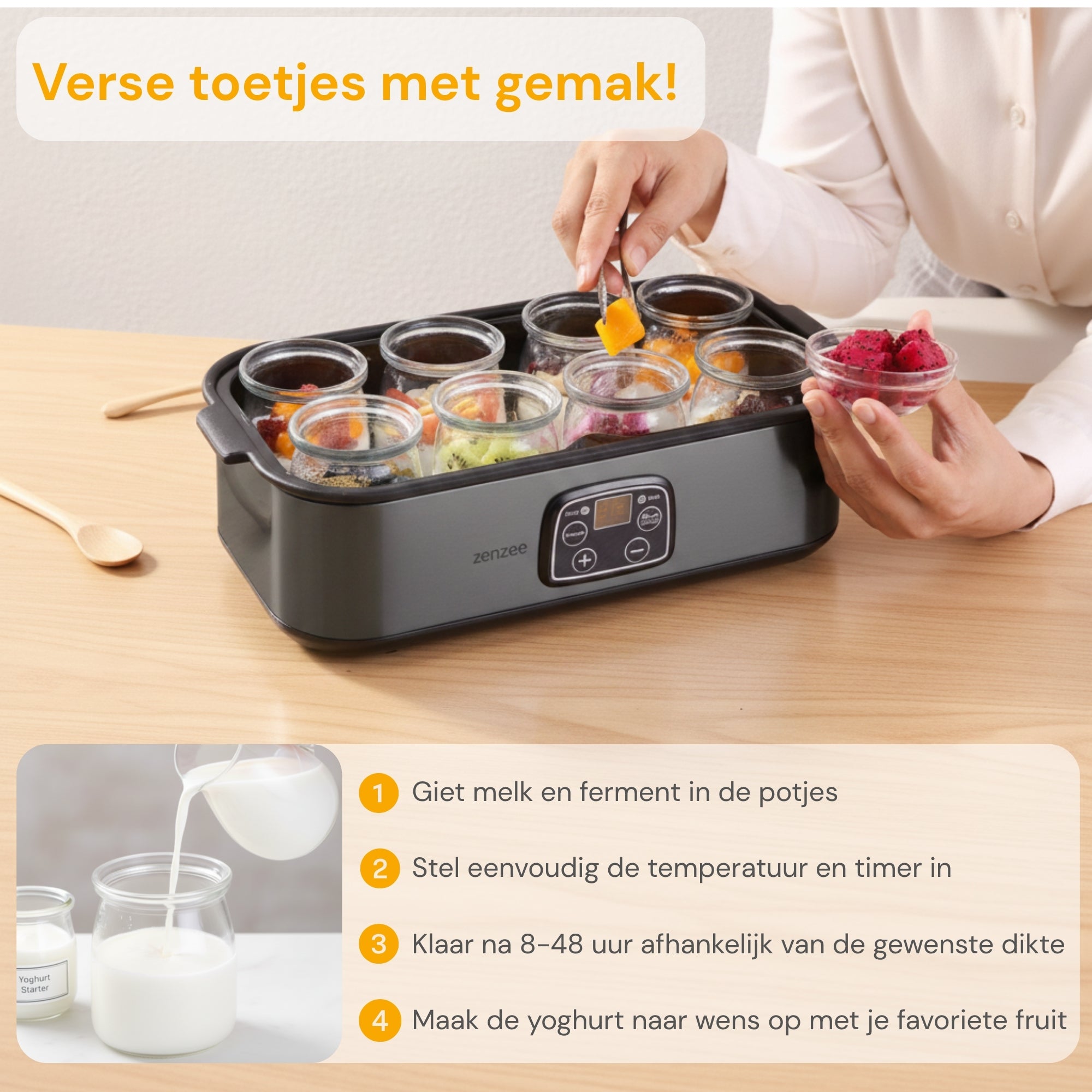 Yoghurtmaker van RVS Antraciet – met 8 glazen potten voor verse huisgemaakte yoghurt | Zenzee (kopie) met digitale bediening voor eenvoudige bereiding van diverse yoghurt- en rijstwijnsmaken.