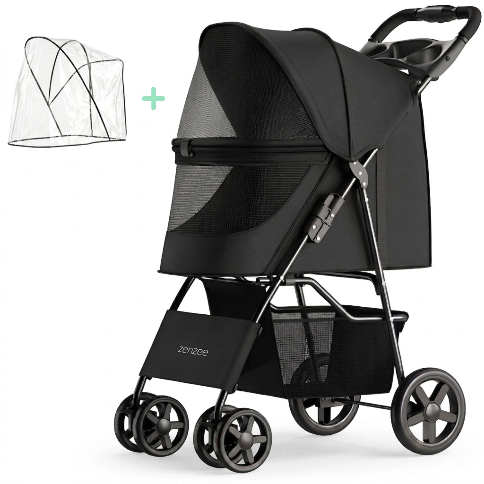 Hondenbuggy inklapbaar met regenhoes belastbaar tot 15 kg Zwart, met schokabsorberende wielen en comfortabele, ventilerende cabine voor alle weersomstandigheden.