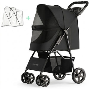 Hondenbuggy inklapbaar met regenhoes belastbaar tot 15 kg Zwart, met schokabsorberende wielen en comfortabele, ventilerende cabine voor alle weersomstandigheden.