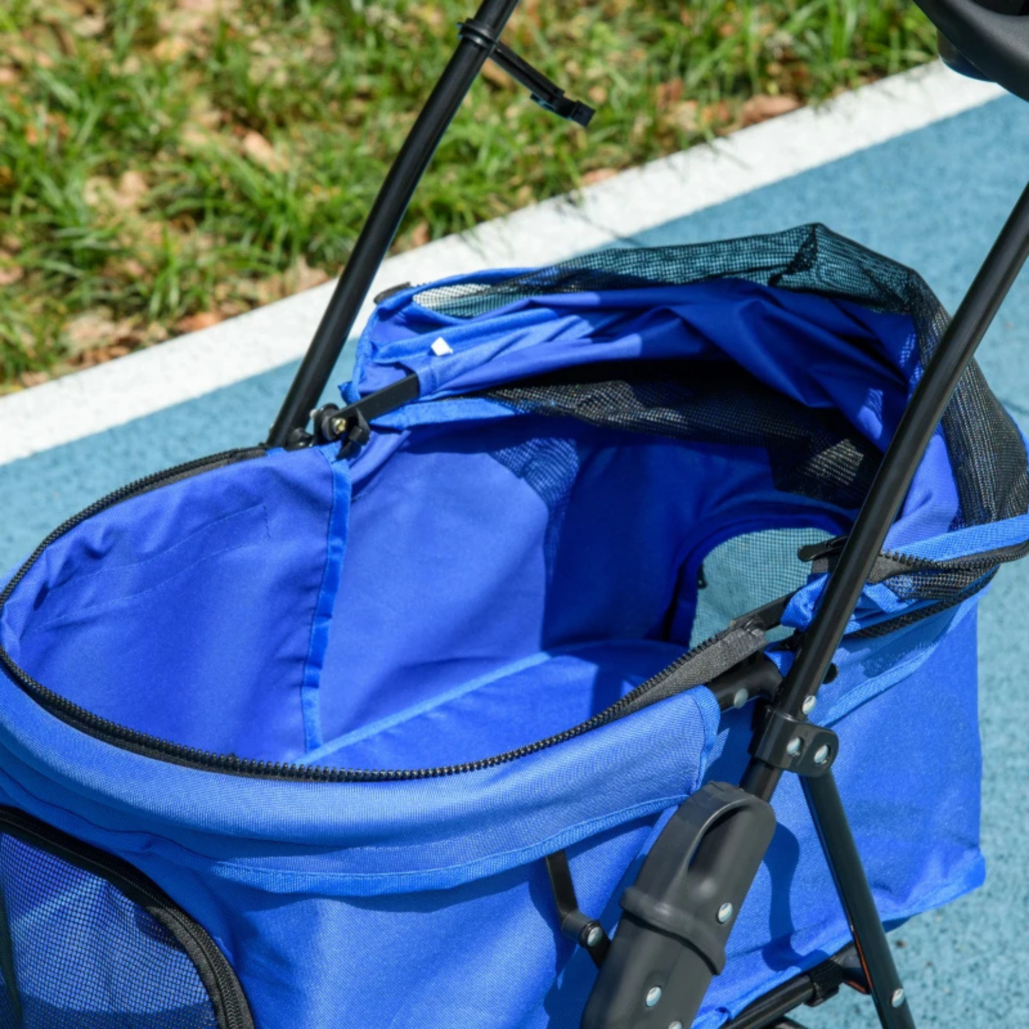 Hondenbuggy blauw opvouwbaar met opbergruimte en veilige parkeerrem