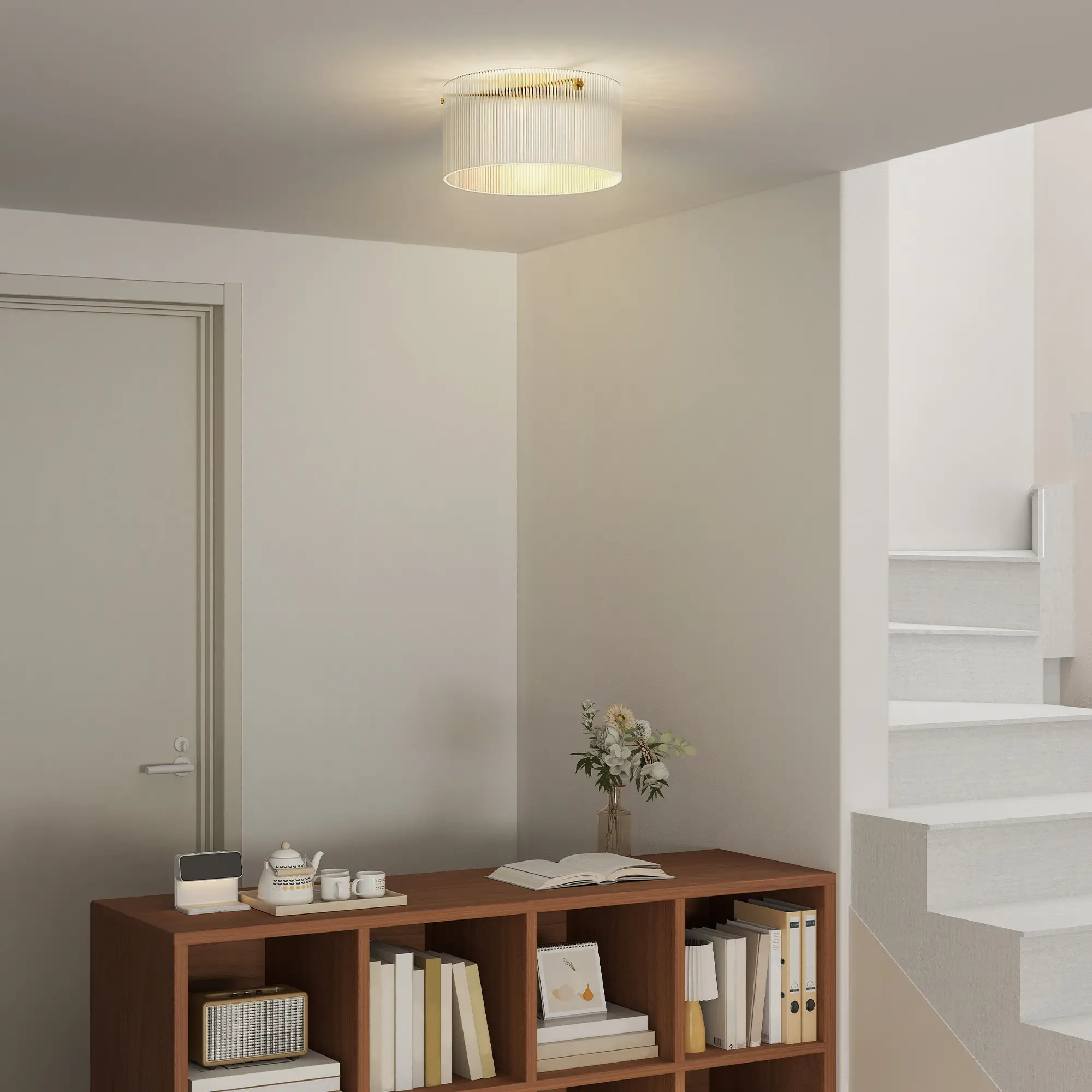 Moderne plafondlamp Ø32 cm voor sfeervolle verlichting met transparante geribbelde acryllampenkap en metalen frame