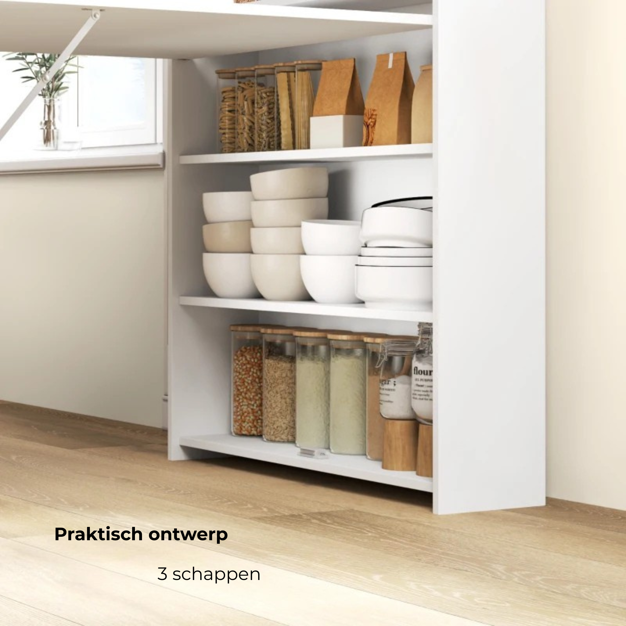 Multifunctionele klaptafel, te gebruiken als eettafel of wandtafel 78,5x91x93 cm met praktische drie schappen voor opbergruimte