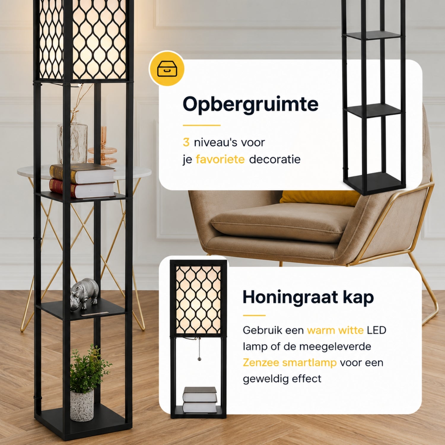 Staande lamp met honingraatdesign en opbergruimte – 160 cm | Zenzee