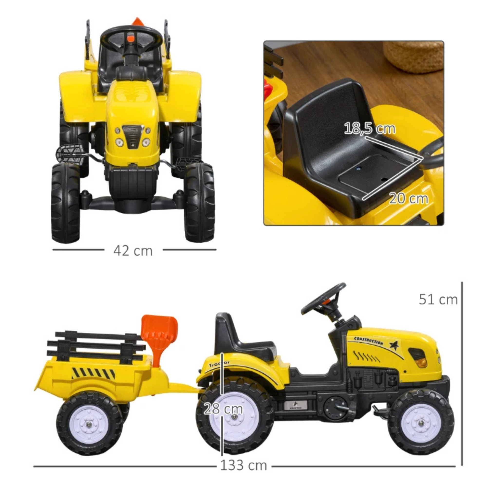 Speelgoed tractor loopfiets voor actief buitenspelen vanaf 3 jaar met afmetingen en verstelbare zitting