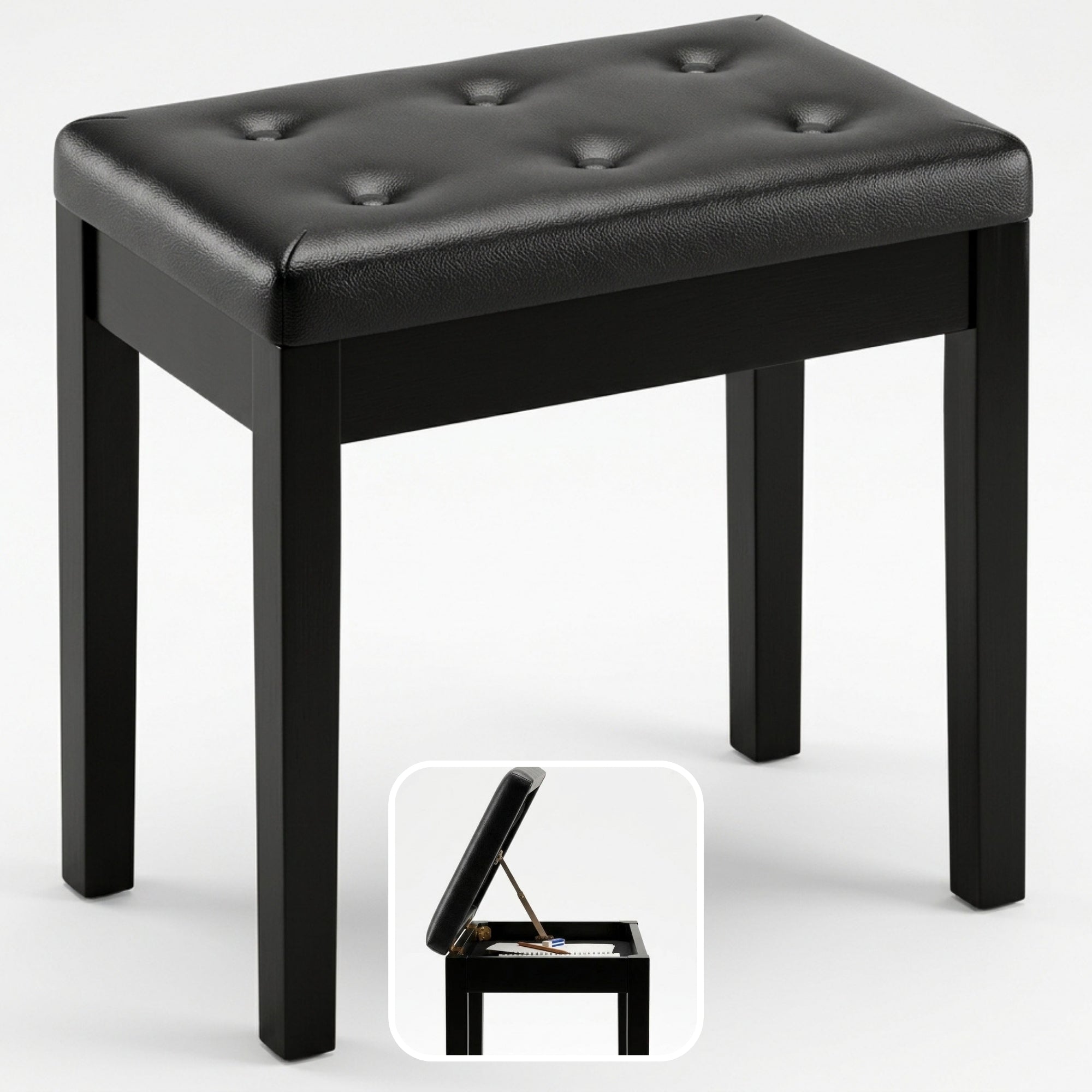 Moderne zwarte pianokruk met opbergruimte voor extra comfort en stijl, open deksel en strak design in mat zwart